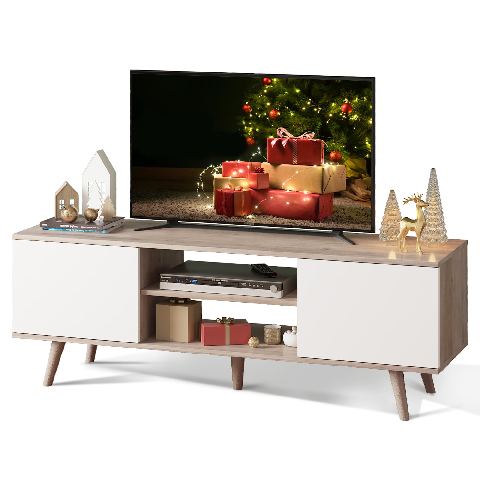 WLIVE TV Stand for 55 60 inch TV, Boho Entertainment Center with Storage Cabinets, TV Console for Living Room Decor, Greige White