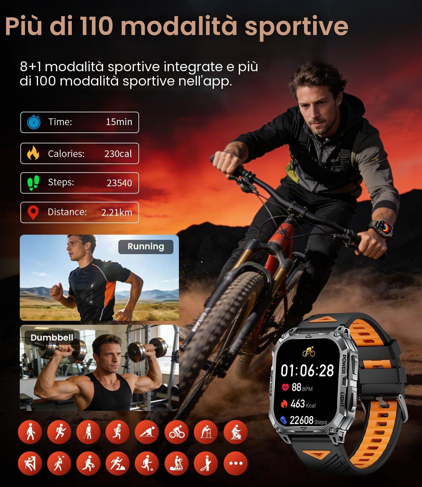 Smartwatch Uomo con Chiamate Bluetooth, 2,01" HD Display, LED Torcia, 900 mAh, Frequenza Cardiaca/Sonno, Fitness Tracker, 100+ Modalità Sportive, IP68, Compatibile con Android e iOS, Nero-Arancione