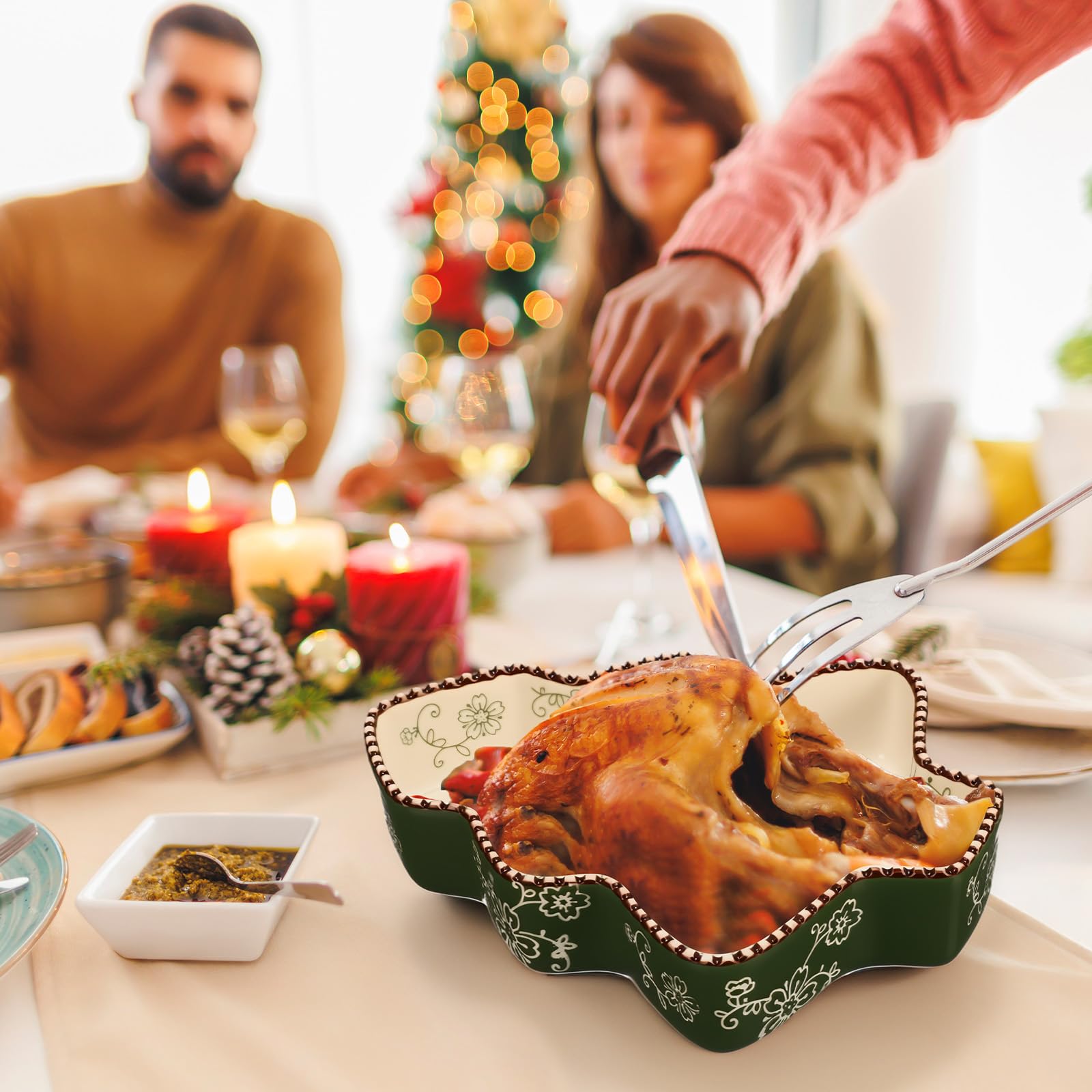 Vesici Keramik-Kuchenform, 22,9 cm, Weihnachtsbaum-Backform, 765 ml, tiefer Quiche-Teller, geriffelte Kuchenform, Backform für Küche, Kochen, Braten, Lasagne (grün)