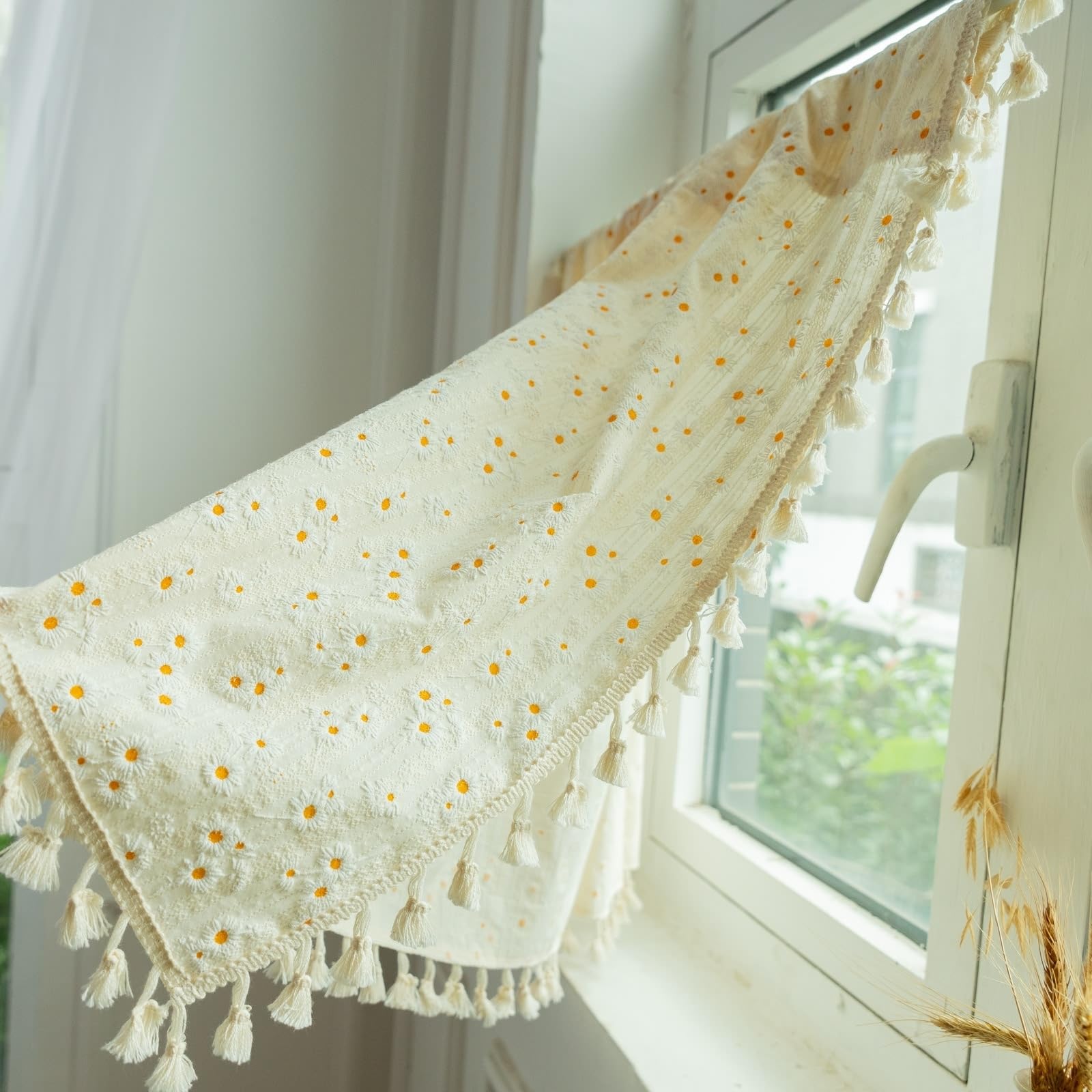 Wycian Tenda Oscurante Beige Piccola Tenda Giallo 1 Tende Cotone Fiori Pompon 140L X 80H Cm Elegante Premium Aggiornamento 3.0