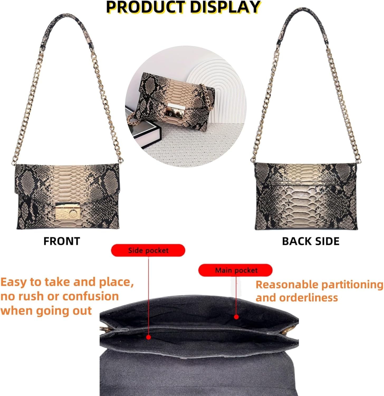 Women's Retro Chain Shoulder bag Snake Print Purse, Leather Crossbody Bag Handbag Evening Bag,Envelope Clutch - Image 5
