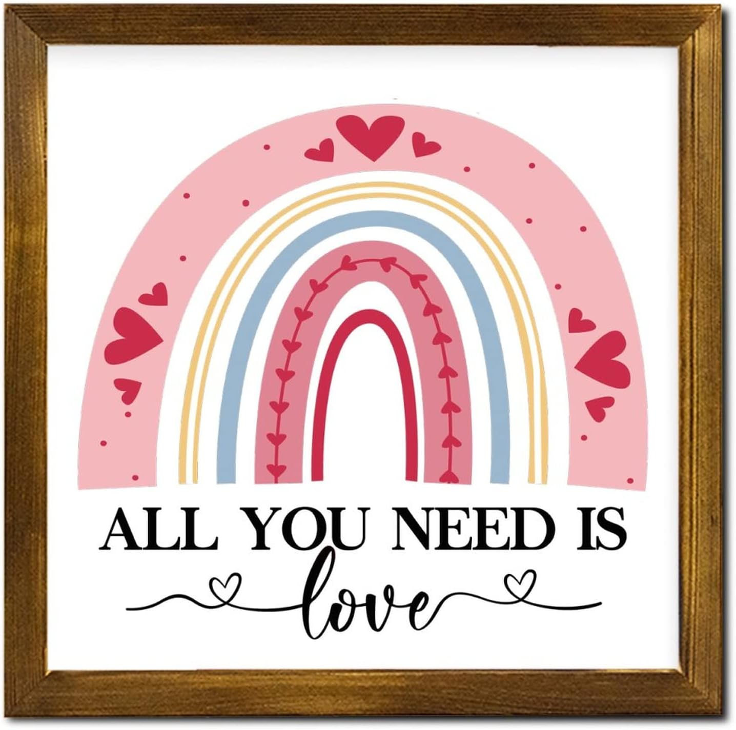Valentine's Day Gift for Him Wood Framed Sign All You Need is Love Farmhouse Rustic Wood Wall Hanging Decor Valentine Heart Colorful Rainbow Sign for Living Room Kitchen 16x20in