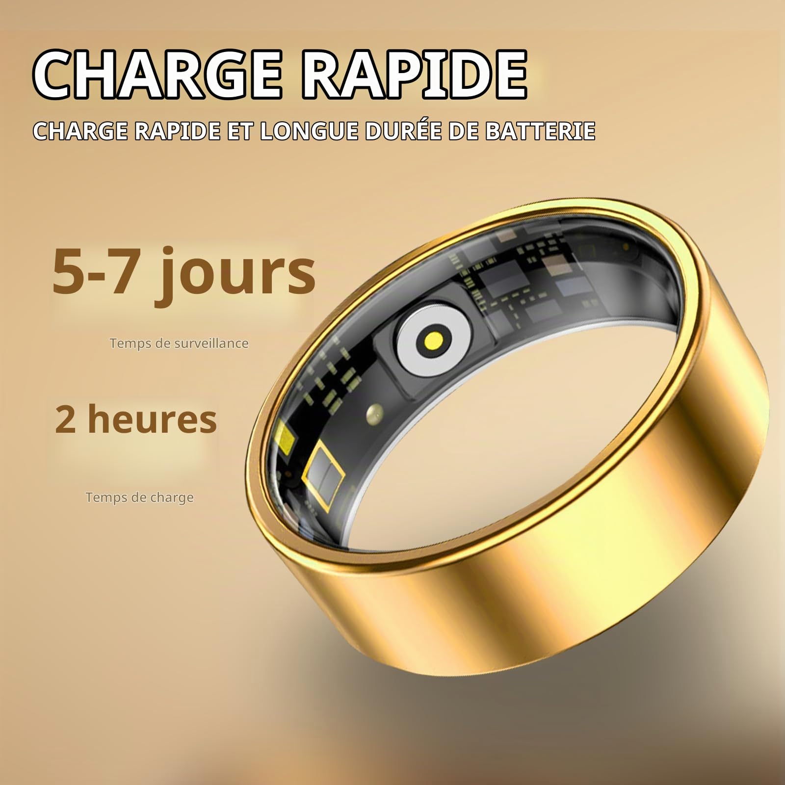 Bague Connectée Smart Ring pour Femme et Homme, Tracker Fitness avec Moniteur Fréquence Cardiaque, Sommeil, 100+ Sports, Podomètre, Étanche IP68, Sans Abonnement pour iOS and Android (Doré, 8)