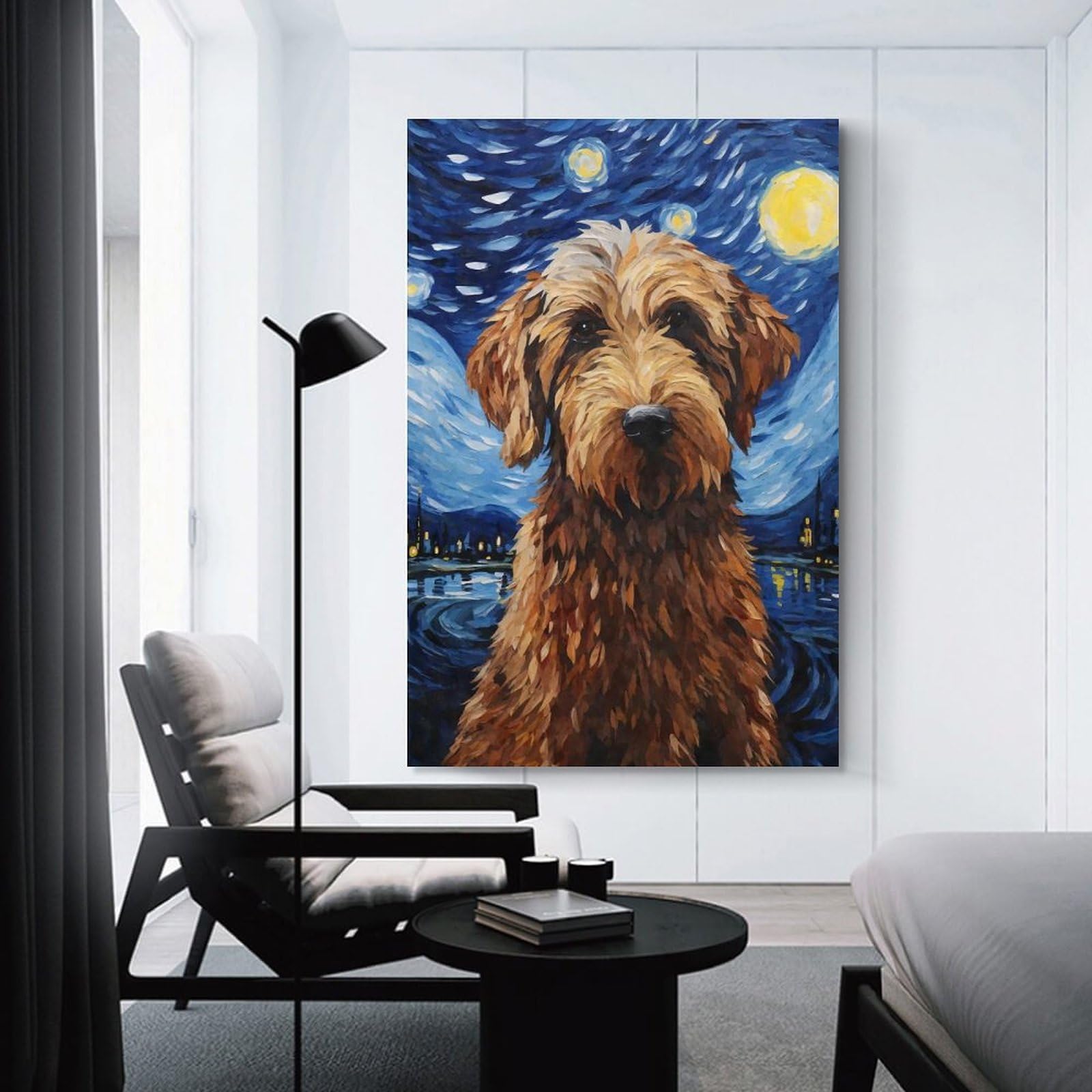 Junmoney Unframe-Style-17 Canvas Wall Decor Labradoodle Starry Night, 24X36inch(60X90cm), For Home Lounge, Bedroom Or Reading Nook, Eye Catching Artwork For Blank Walls