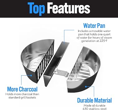 SnS Grills Slow N Sear FireBaskets with Water Pan Heavy Duty Stainless Steel Charcoal Basket for 22 Weber & Similar Kettle Grills Two Zone Cooking & Heat Management