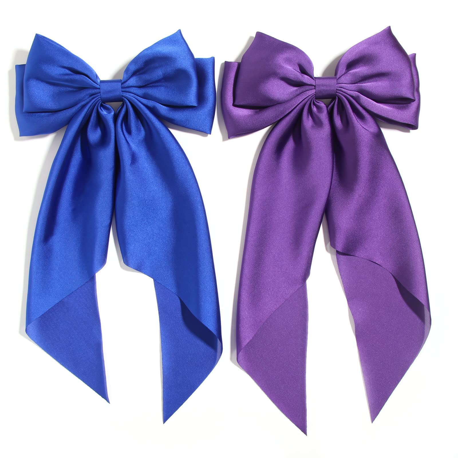 SUSULU Purple Hair Bows for Women, Big Royal Blue Bows for Hair, Metal Clips French Barrette with Long Tail Satin Ribbon Scrunchies Ponytail Hair