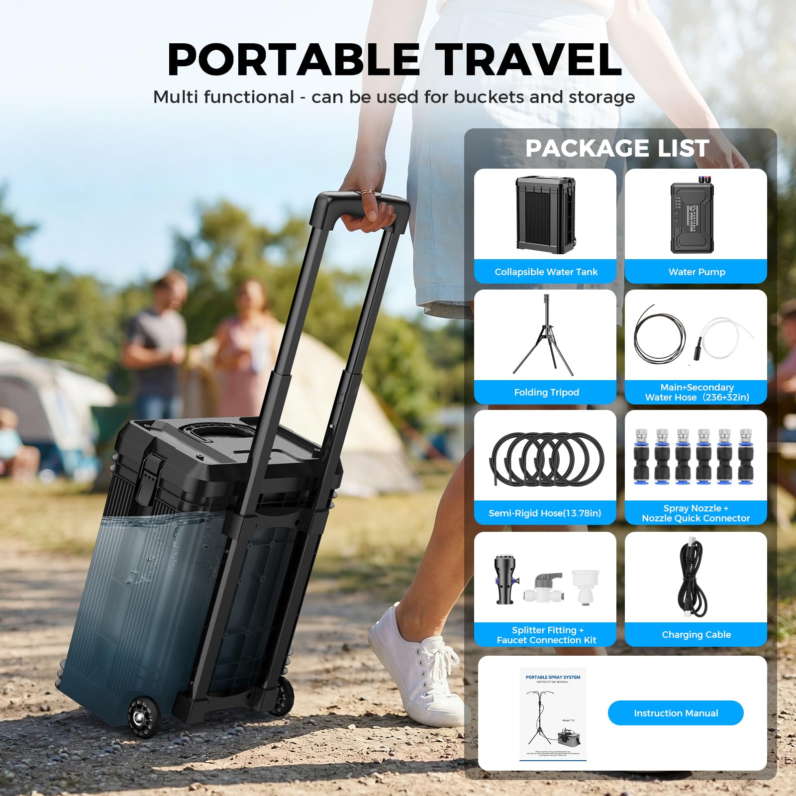 Système de brumisation portable avec seau roulant de 15 L, brumisateur debout alimenté par batterie 10 000 mAh pour terrasse extérieure, réglable en hauteur, ensemble de refroidissement mobile pour