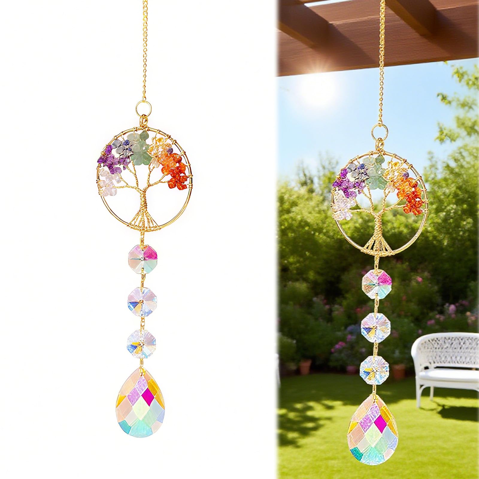 AHRLIC Chakra Crystal Tree of Life Hanging Ornament with 7 Chakra Colourful Gemstones | Natural Crystal Sun Catcher for Window Garden Wall | Chakra-Inspired Ornament Gift for Women Men Friends