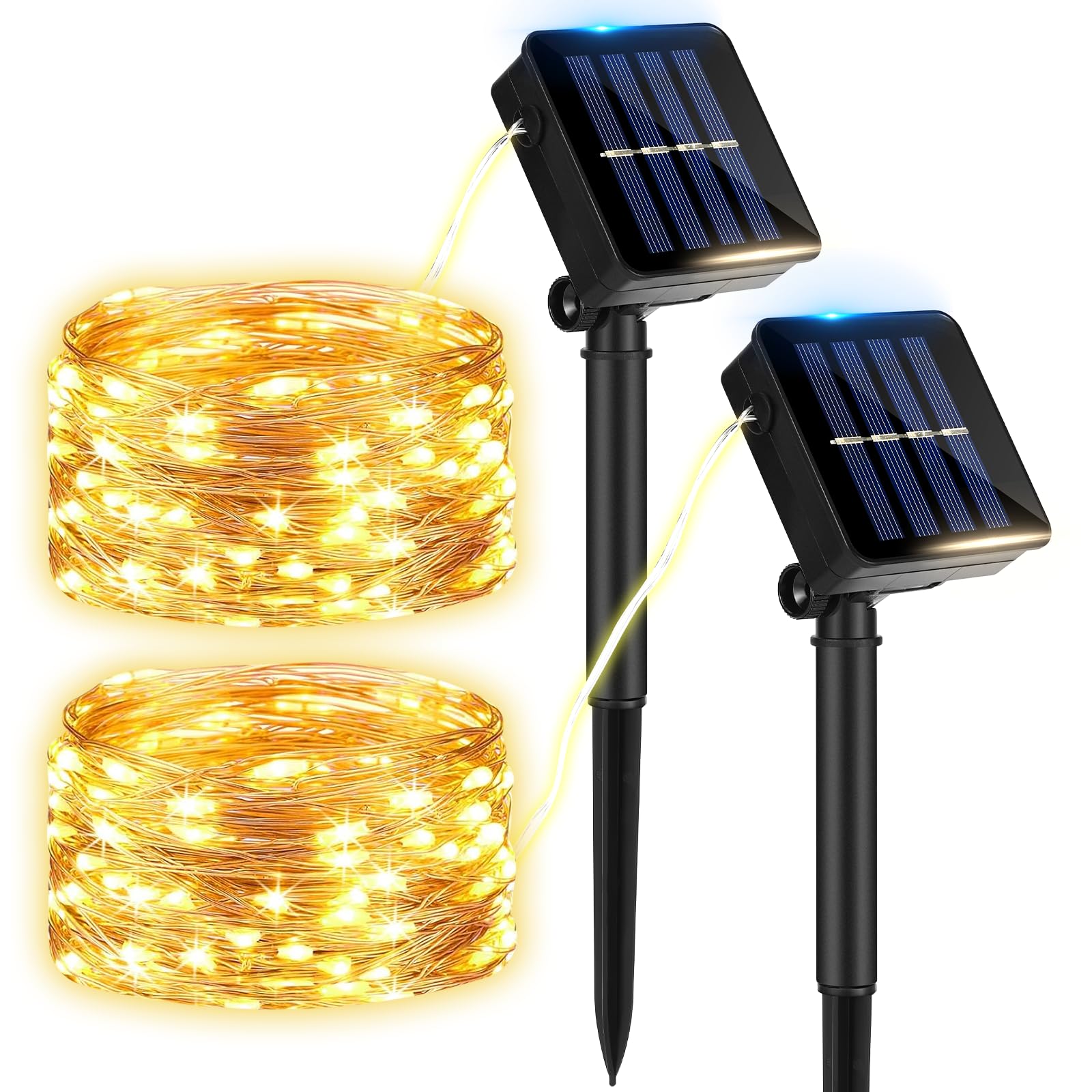 Guirnalda Luces Exterior Solar，2 Pack Luces Solares Led Exterior Jardin, 12m 120 Led Guirnalda Luz Solar Exteriors, 8 Modos, Ip65 Impermeables para Navidad, Bodas, Fiestas, Jardines (luz cálida)