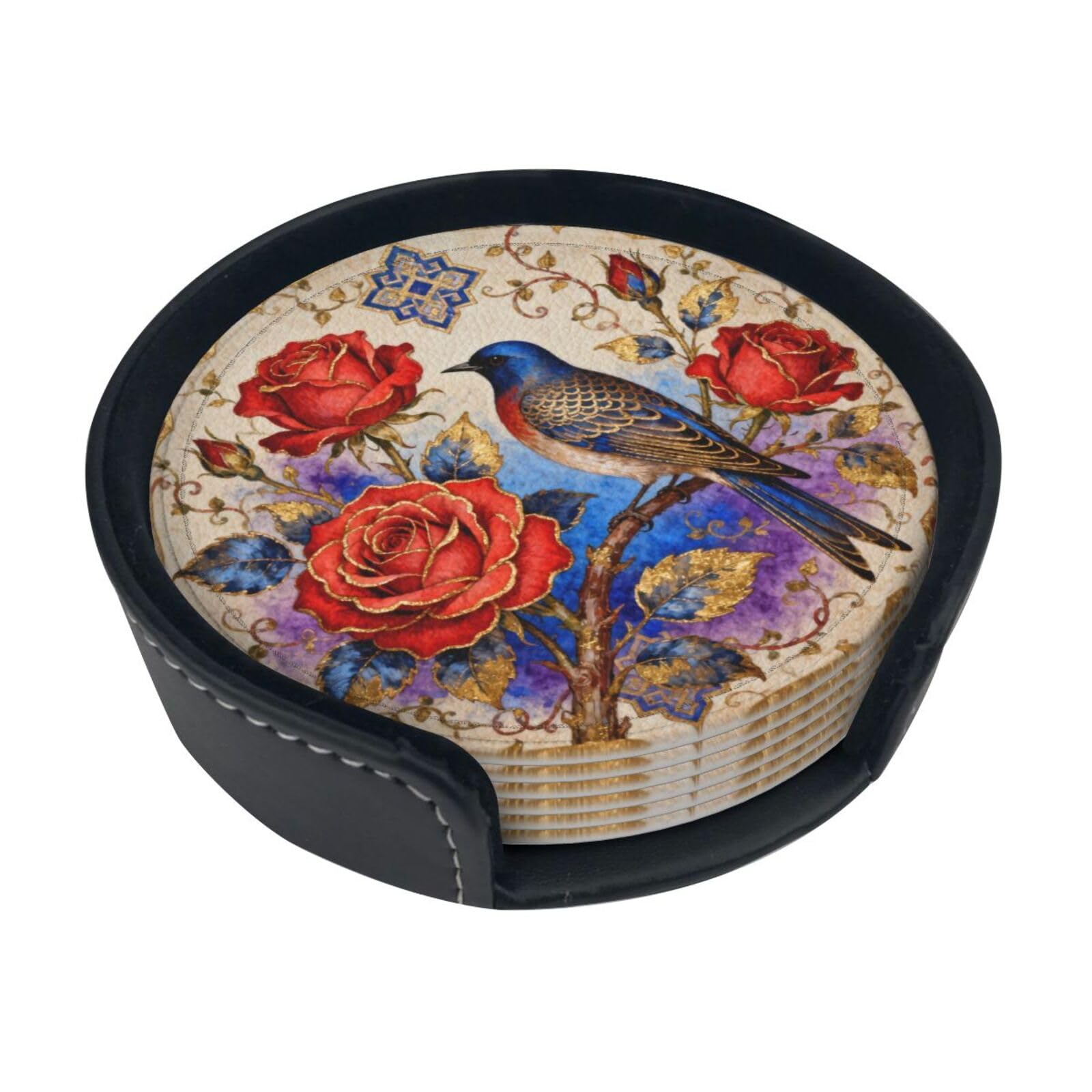 Cntdbu White Roses And Birds Leather Coasters Set Of 6-Pu Leather Drink Mats For Table, Heat Resistant Round Coasters With Holder