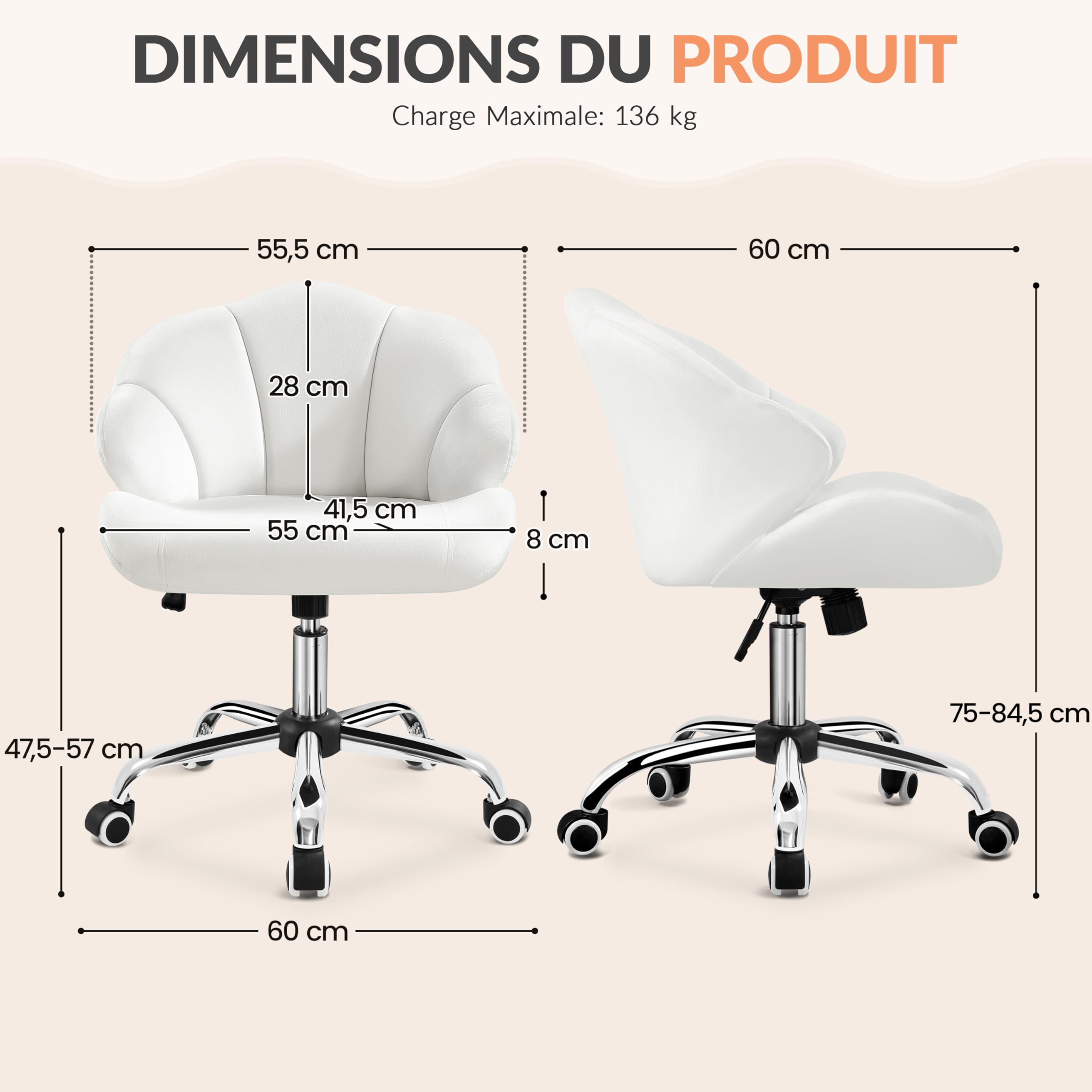 Yaheetech Chaise de Bureau Ergonomique Fauteuil Coquillage avec Dossier en Velours Réglable en Hauteur Chaise Pivotante Fauteuil Maquillage pour Bureau, Salon, Chambre Charge 136kg Blanc/Velours