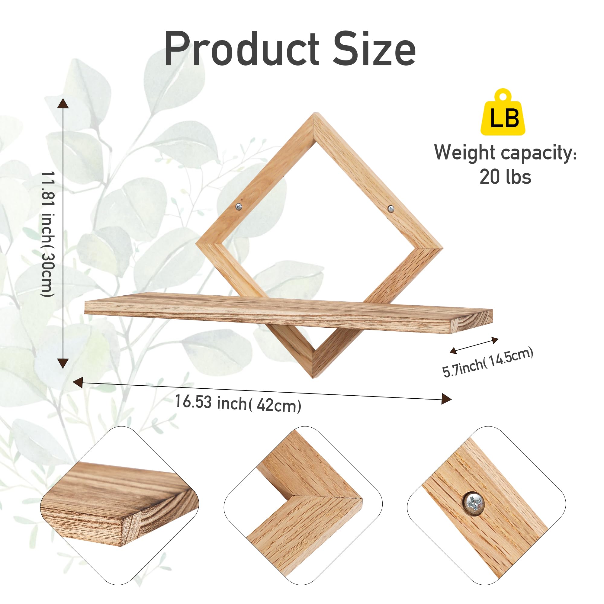 Floating Shelves for Wall,Decorative Wall Shelf,Hanging Shelf for Plants Storage Display Holder,Indoor Decor for Living Room Home Office Bathroom Bedroom,Solid Wood,Diamond Shaped,2 Pack(Natural) - Image 3