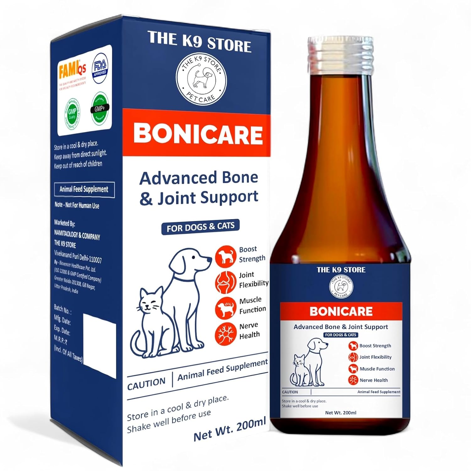 The K9 Store’s Bonicare – Advanced Bone & Joint Support for Dogs & Cats | Liquid Supplement with Calcium, Vitamins A, D3, B12 & Manganese | Supports Mobility, Muscle, Nerves | Syrup (200 ML)