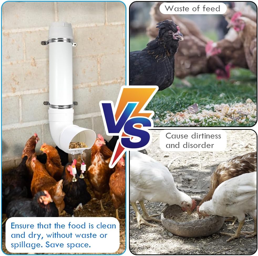 Kalakey Automatic Chicken Feeder, Hanging PVC Tube Chicken Coop Feeder with Chew Toy Bell, Holds 6lbs Feed for Hens Chicks, Grit and Oyster Shell Feeder