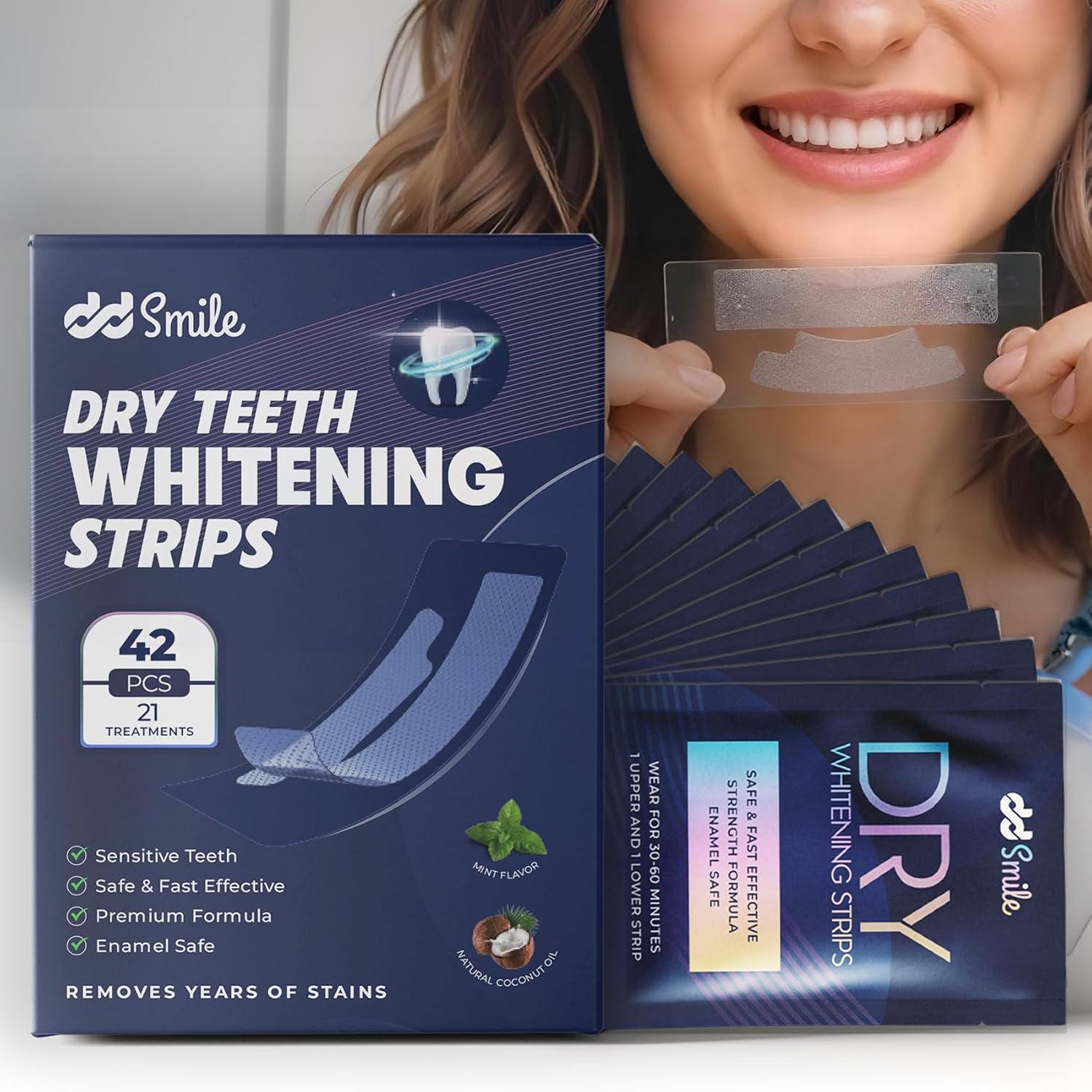 DD Dry Teeth Whitening Strips - 42 Strips (21 Treatments) - Sensitive Teeth Whitening Strips - Peroxide-Free - Enamel Safe - Mint Flavor - Non-Slip - Mess-Free - Sensitivity Free