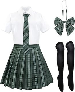 Schoolgirl Outfit for Women Japanese Uniform Set Plaid Skirt Cosplay Sailor Costume with Bow