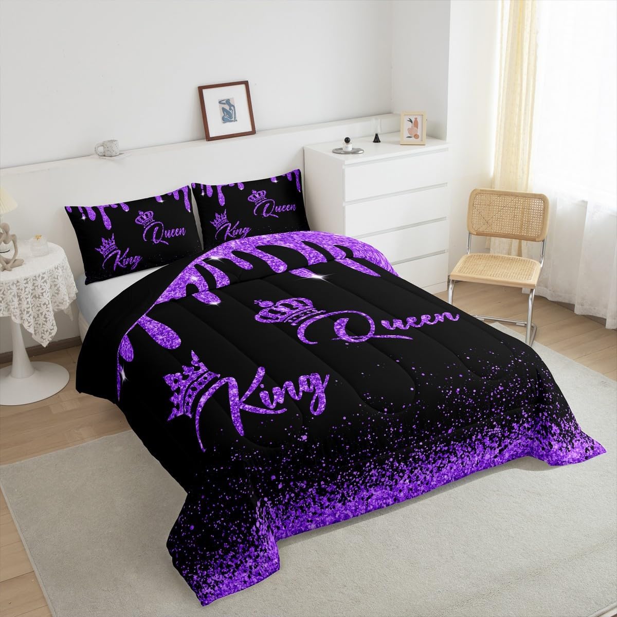 Manfei Gold Crown King & Queen Comforter Set,Mr Mrs His and Hers Bedding Set for Kids Teens,Purple Sequin Fluid Art Quilt Set,Duvet Insert 2 Pcs with 1 Pillowcase,Toddler