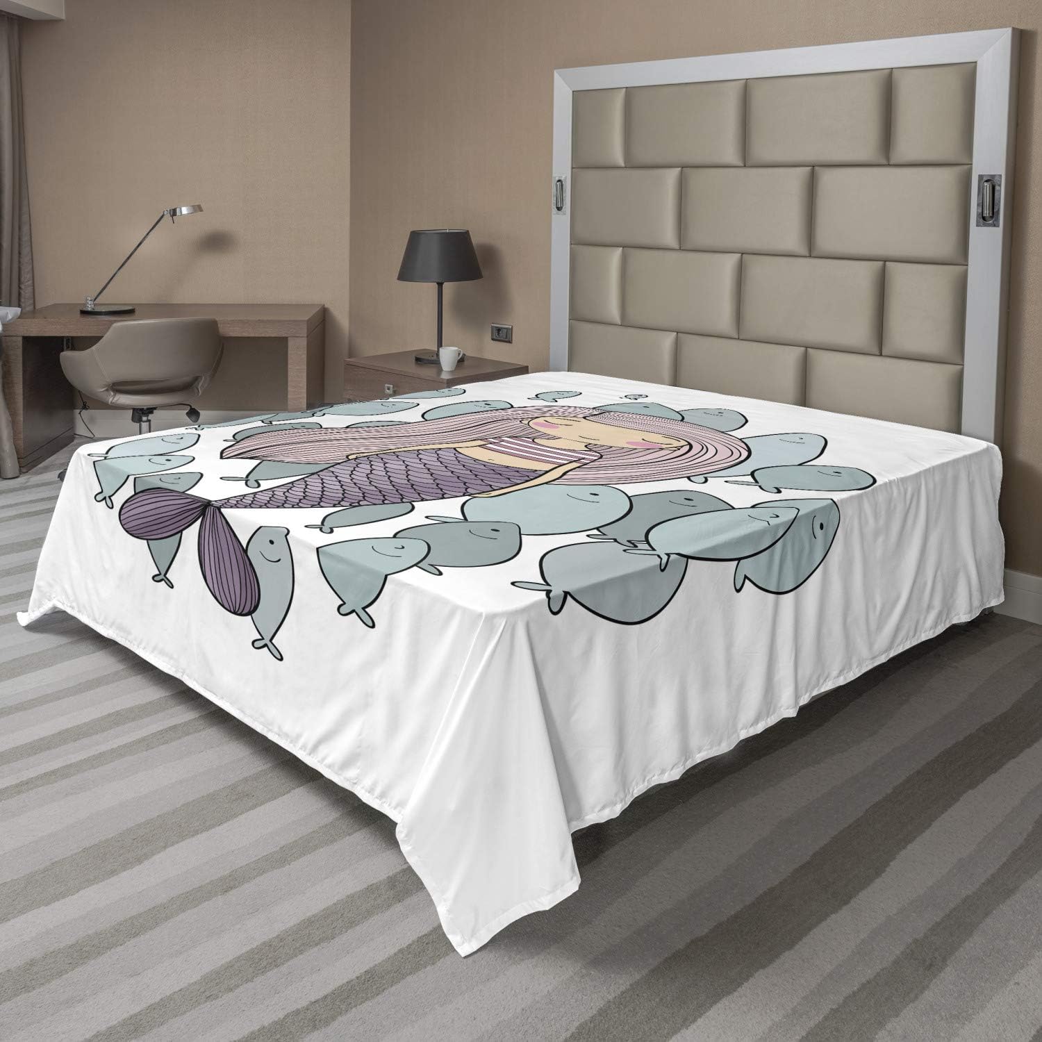 Ambesonne Mermaid Flat Sheet, Cartoon Girl Living in The Sea with Flock of Fish Fantasy Marine Cartoon Character, Soft and Comfortable Top Sheet Decorative Bedding 1 Piece, Full Size, Multicolor