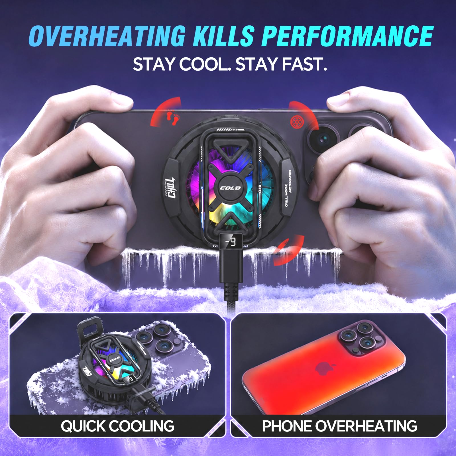 Raffreddamento USB per telefono, ventola di raffreddamento a semiconduttore per telefono, magnetica e a clip, grande piastra di raffreddamento, ventola regolabile a 3 marce, luce RGB commutabile