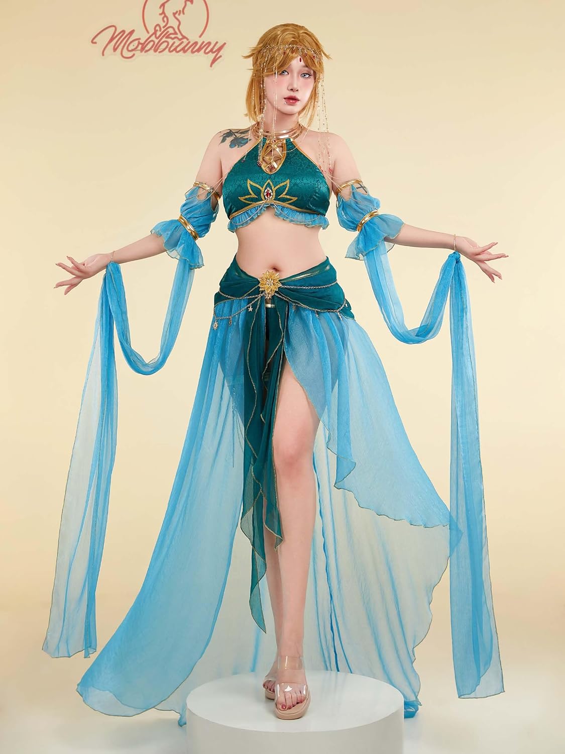 Mobbunny Game Derivative Women Cosplay Costume Anime Cosplay Lingerie Set Halter Top and Panty with Gauzy Dress