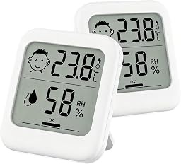 Small Digital Hygrometer Indoor Thermometer Ambient Thermometer AAA Batteries Temperature Monitor and Humidity Meter for Home Office Comfort Reptile Thermometer (2 Pack Large Icon AAA Battery Powered)