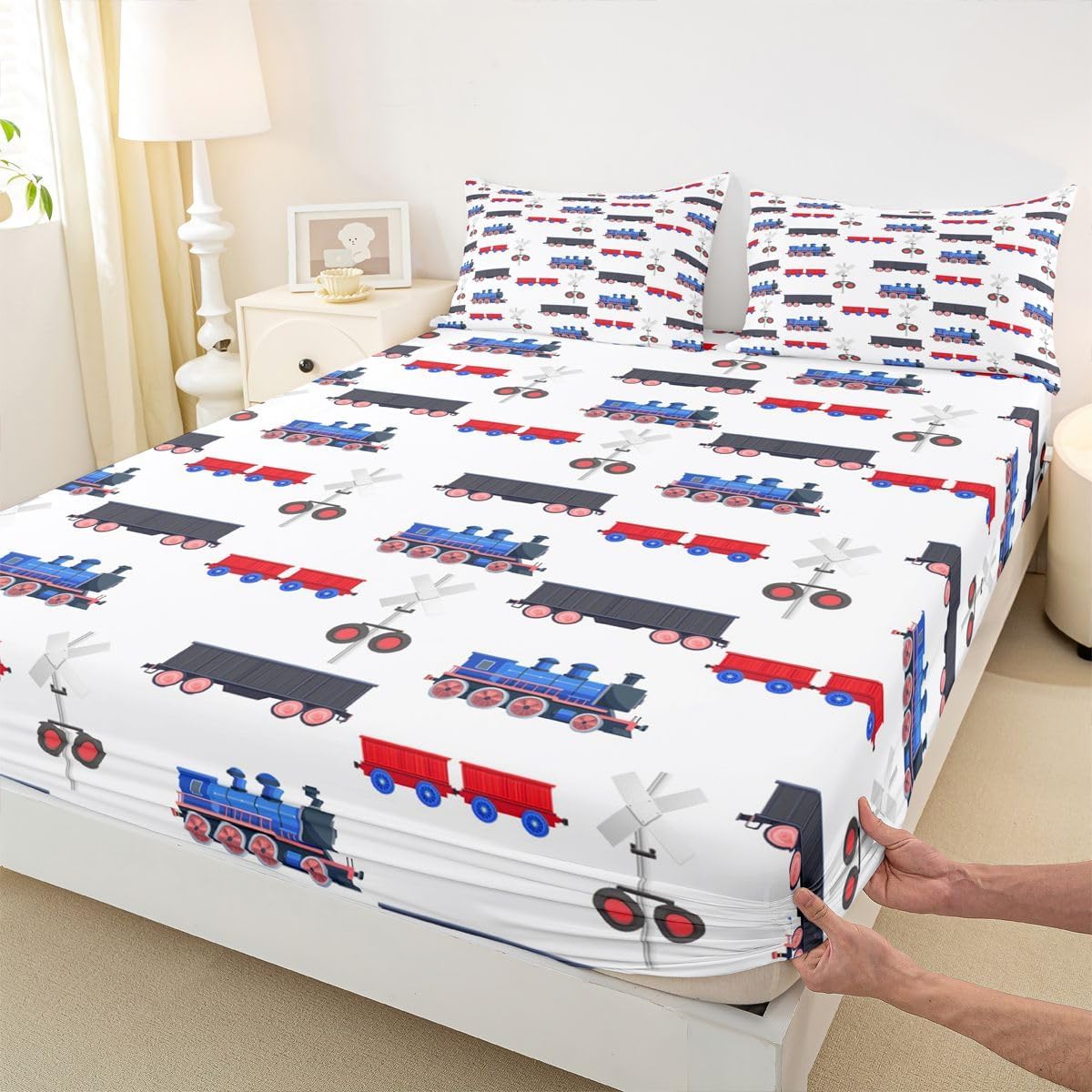 Erosebridal Cartoon Train Bed Sheets Red Blue Train Sheet Set for Boys Child,Kids Vehicles Fitted Sheet Kids Car Theme Bedroom Decor Twin Size