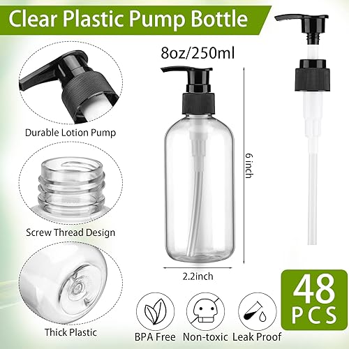 Miniatura 2 de 48 botellas de plástico de 8 onzas dispensador de botellas de champú y acondicionador dispensador de jabón de manos transparente botellas vacías