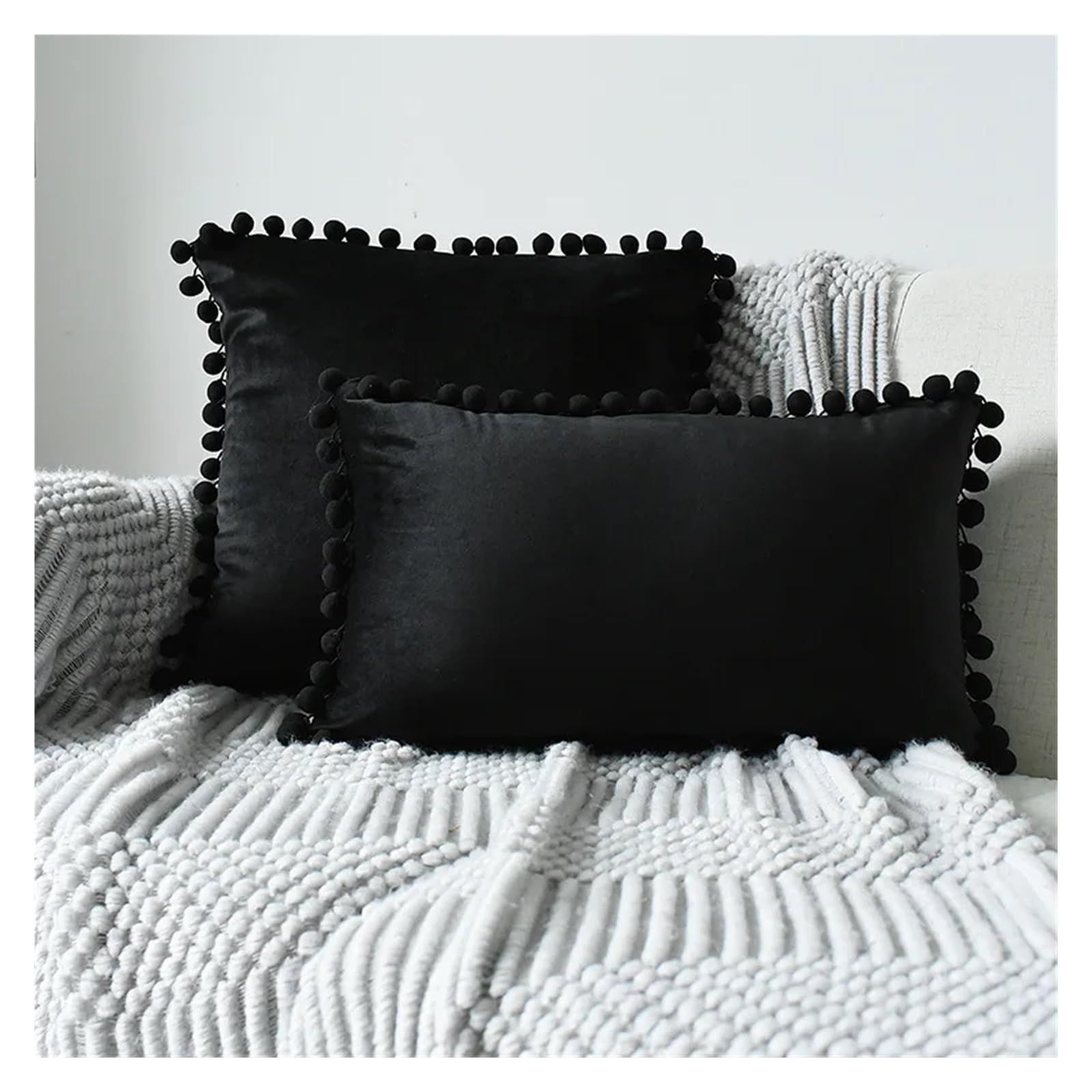 Housses de coussin velours noir 50x50 lot de 2 housse deco pompon grand canapé salon