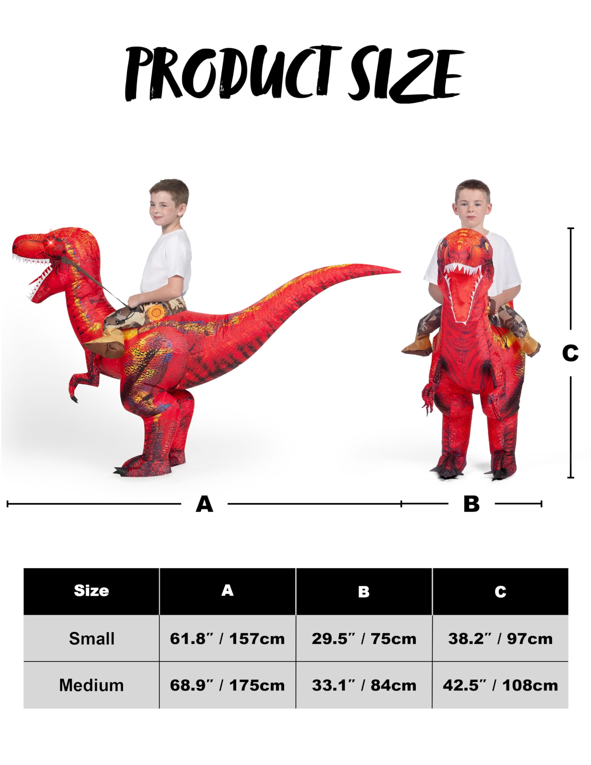 Spooktacular Creations Disfraz de dinosaurio inflable para niños, disfraz de T-Rex con ojos iluminados LED, montar un raptor, disfraces de Halloween inflables con aire impreso digitalmente