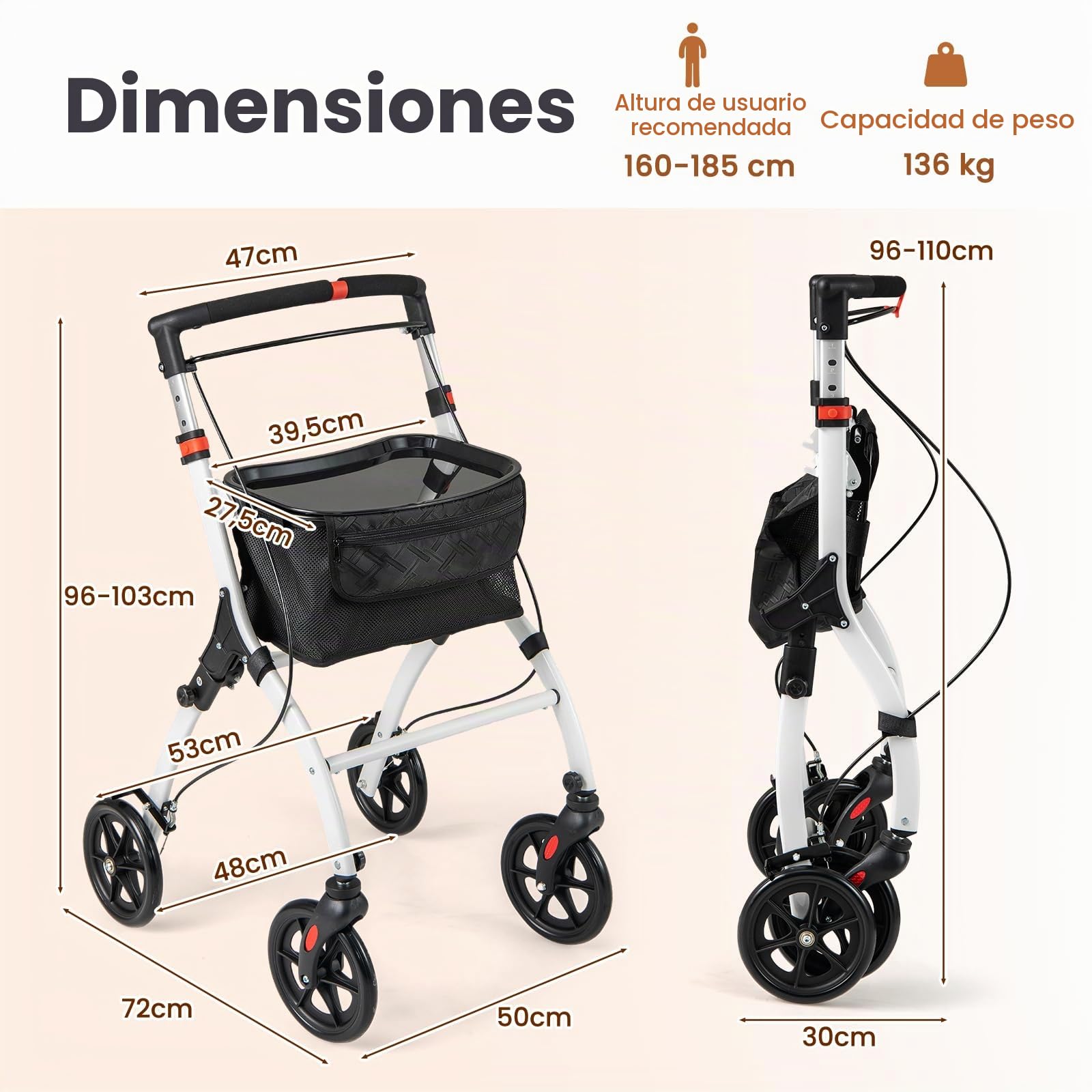 RELAX4LIFE Andador para Ancianos Plegable con Altura Ajustable 90-103cm, Andadores Adultos con Bandeja y Bolsa para Casa, Caminadores para Mayores con 4 Ruedas con Frenos, Carga 108kg (Negro)