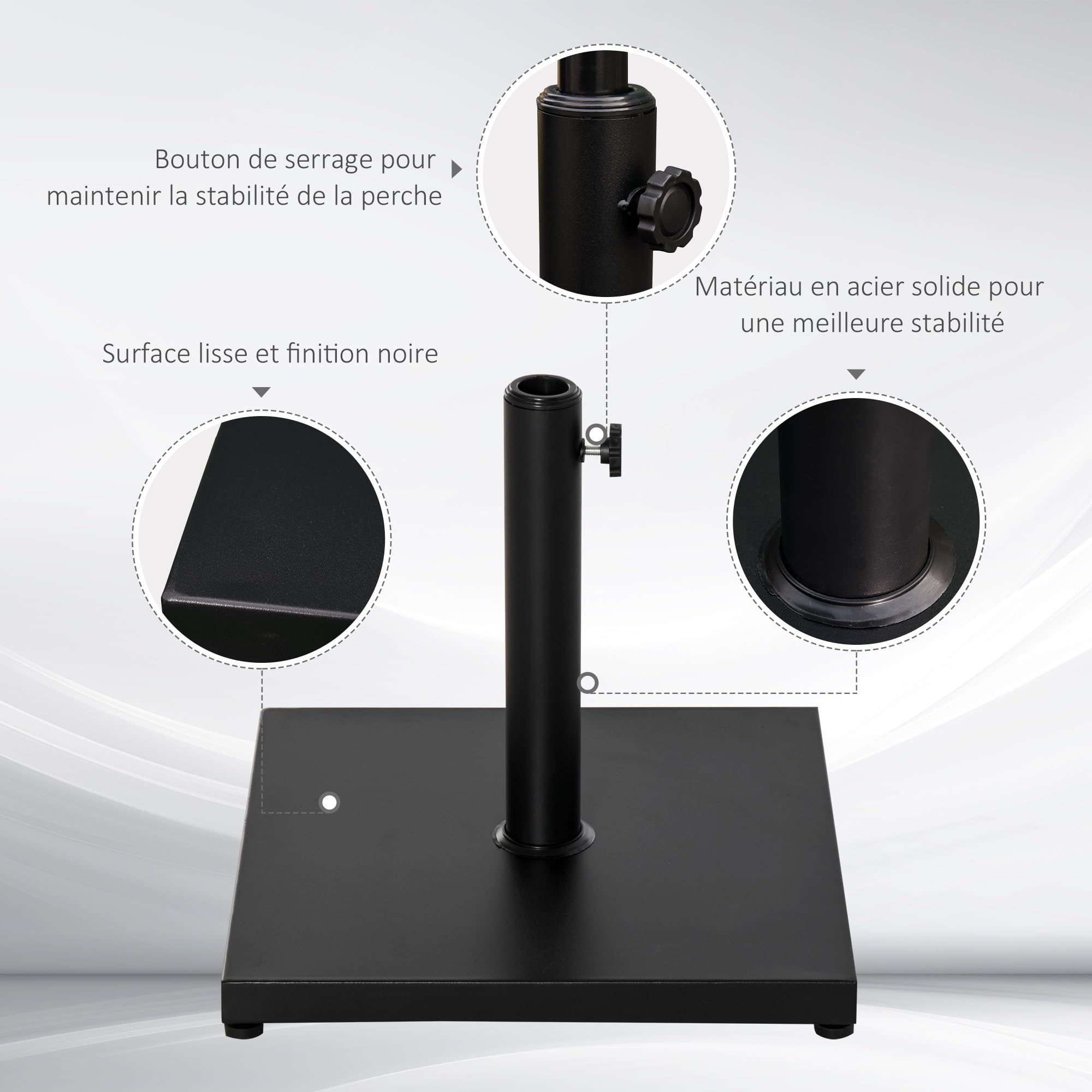 Outsunny Pied de Parasol carré, Socle Parasol extérieur, pour mât de Ø 35,38 et 48 mm, Poids Net 18 Kg, Base de Parasol en métal et Ciment pour Jardin Patio terrasse, Noir