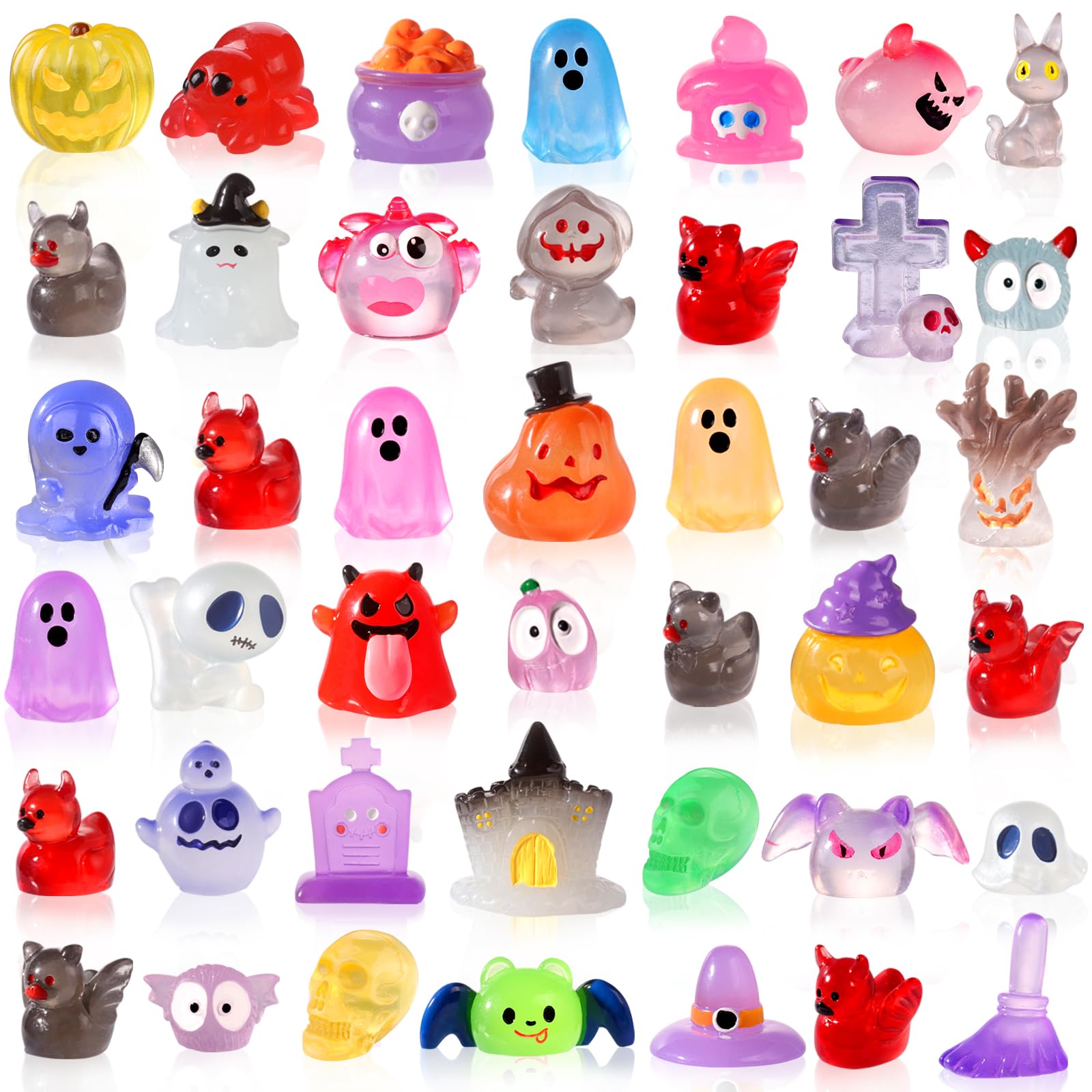 DIYDEC 50pcs Halloween Luminous Mini Figures 50 Styles Halloween Miniatures Little Small Resin Pumpkin Ghost Skull Figures Bulk for Party Favors Bag Fillers Garden Dollhouse Decor