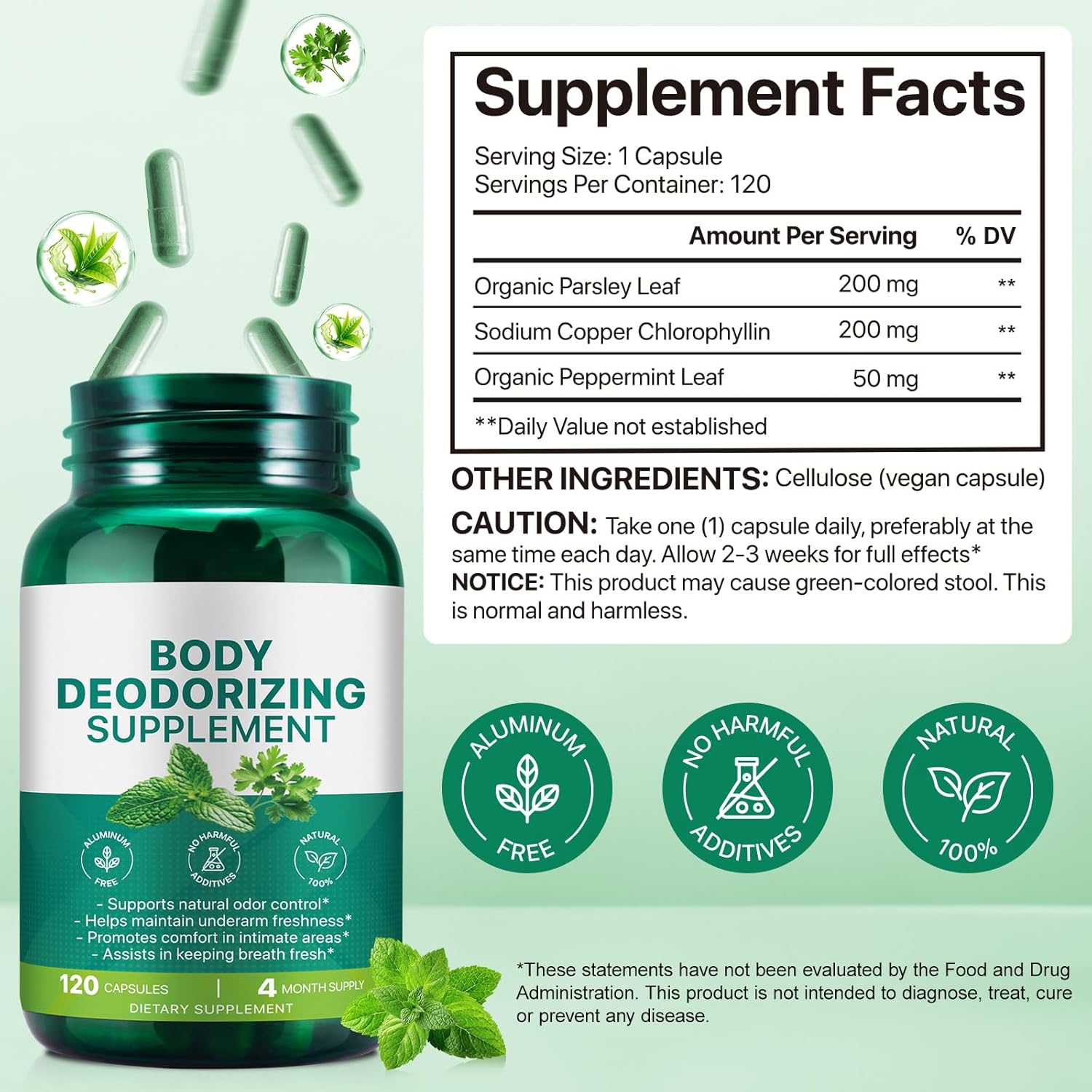 Chlorophyll Body Deodorizing Supplement for Digestion/Gut Health Support, Internal Deodorant Capsules for Overall Freshness, Underarms, Intimate Areas, Private Parts, Natural & Safe Formula|120Pcs - Image 9