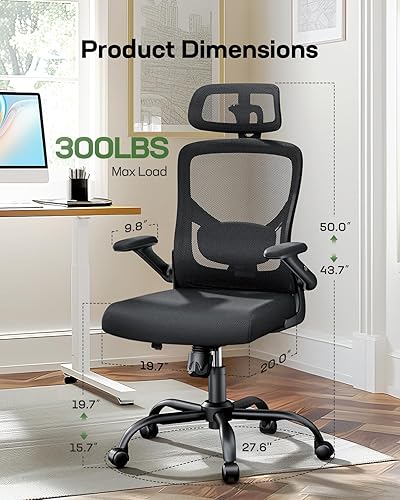 Miniatura 2 de Marsail Silla de oficina ergonómica de malla con respaldo alto, soporte lumbar ajustable con reposacabezas abatible, brazos elevables, silla