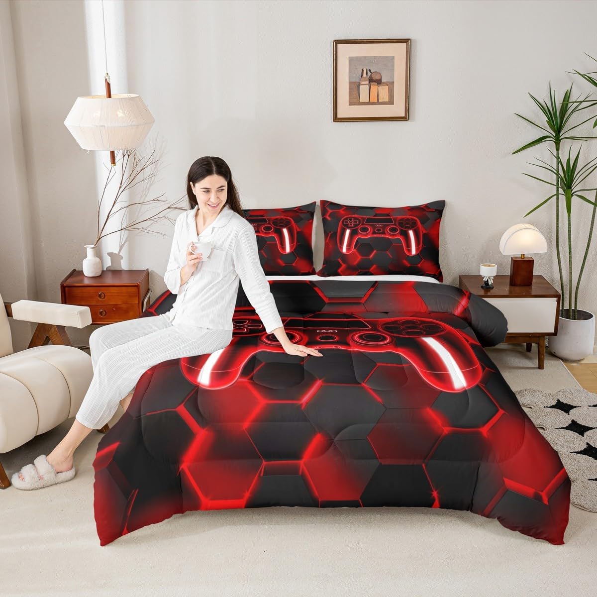 Feelyou Gamer Duvet Quilt Gaming Bedding Set for Kids Boys Girls Teens Room Decor Red and Black Game Console Comforter Set Queen Size Gamepad Honeycomb 3Pcs Breathable Soft Lightweight Microfiber