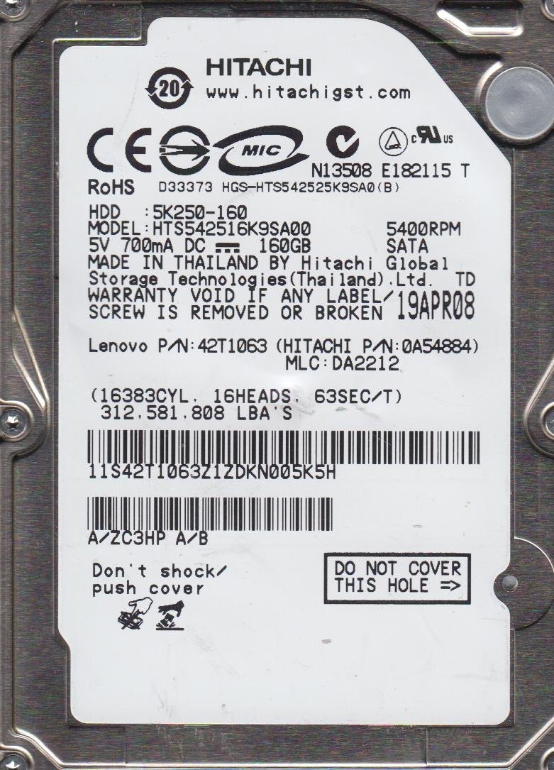 純正OEM Hitachi hts542516?K9sa00?0?a54884?42t1501?42t1063?160?GB 2.5インチハードドライブ Amazon | 純正OEMHITACHI HTS542516K9SA00 0A54884 42T1501