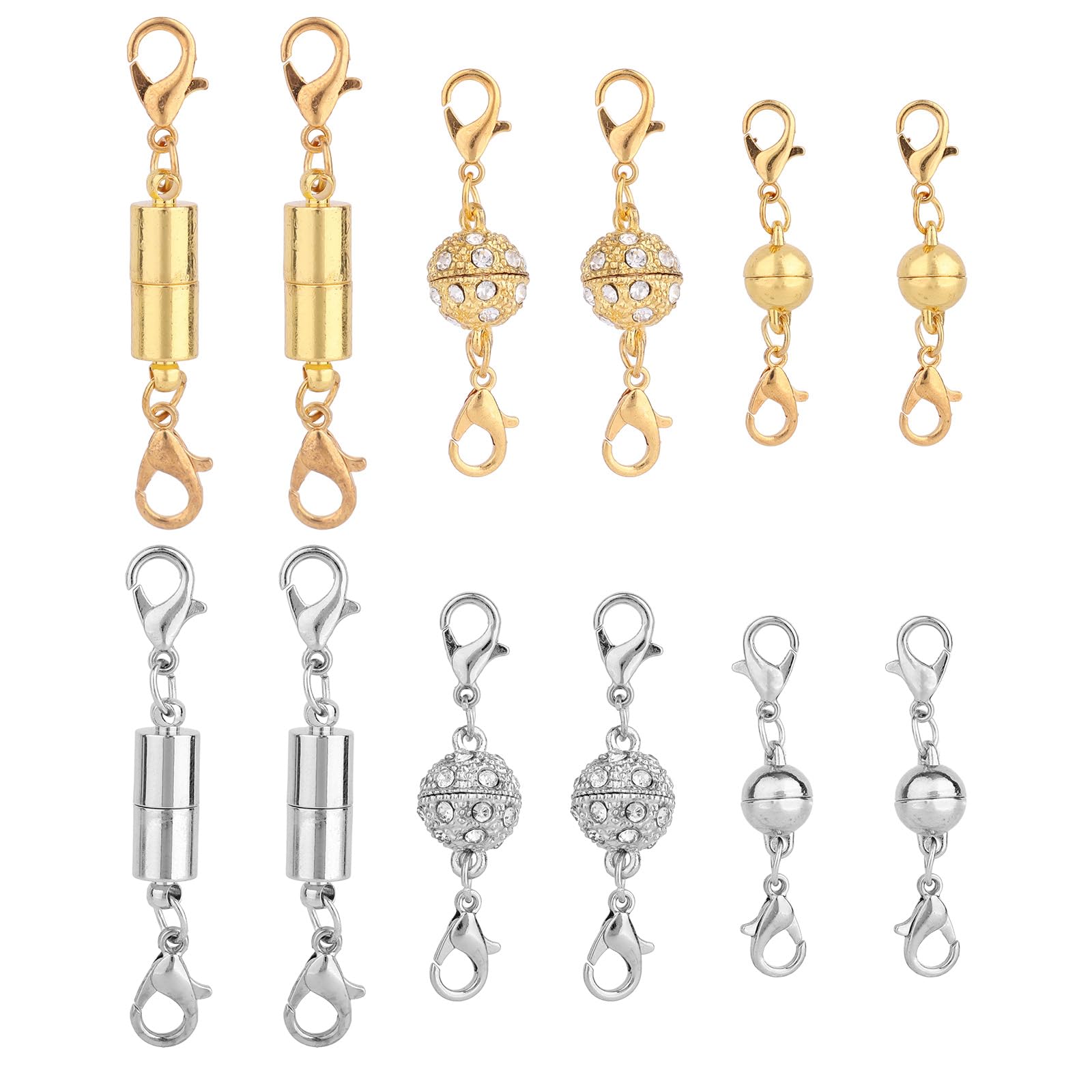 12pcs Magnetic Jewellery Clasp, Gold & Silver Magnetic Necklace Extenders with Double Lobster Fasteners Ball & Cylindrical Connectors Jewelry Closures for Necklaces Bracelets