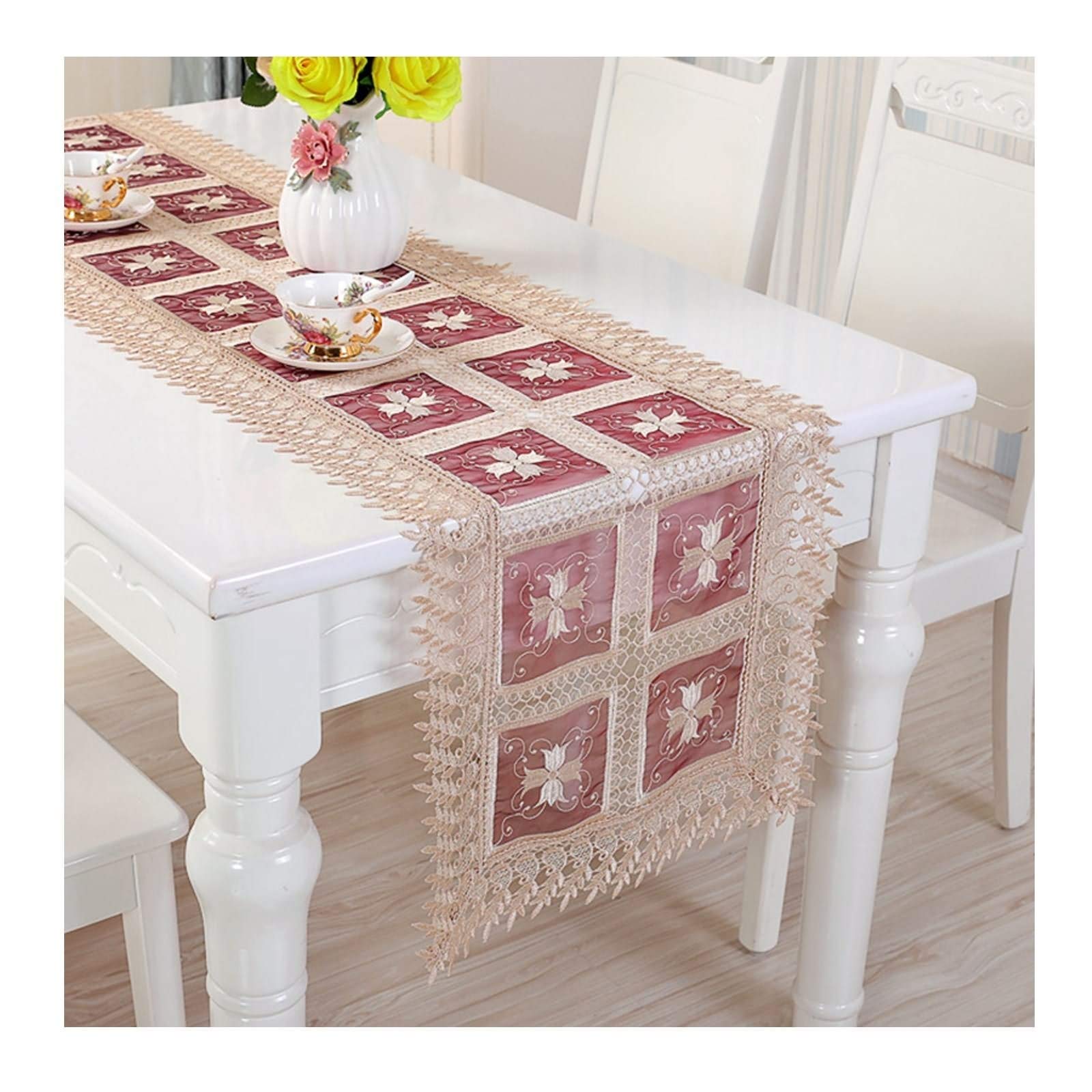 Whoiy Camino de Mesa 180 cm, Camino Mesa 40cm Poliéster Patrón de Bordado de Encaje Rojo Vino Camino de Mesa Boda