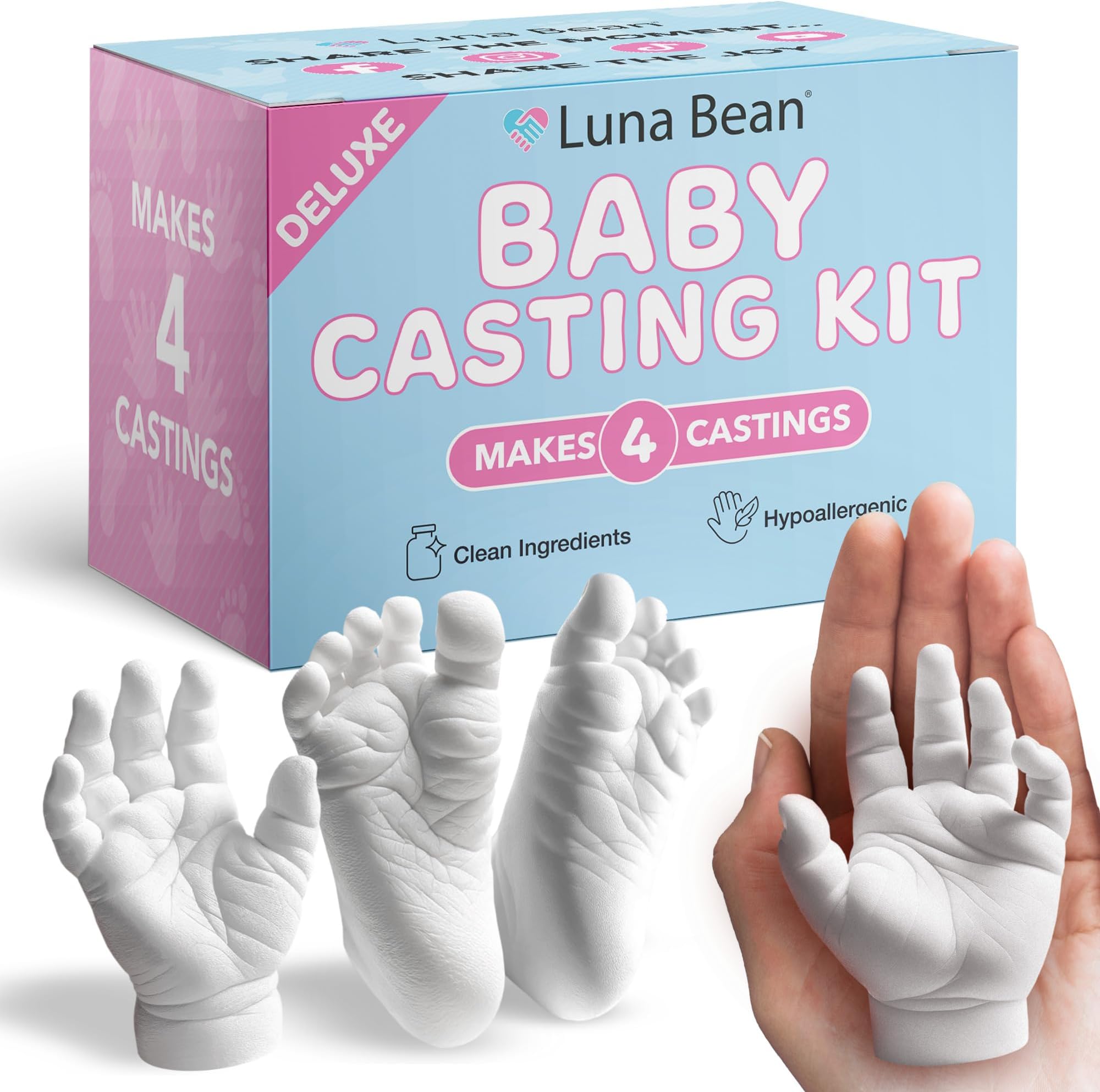 Luna Bean Baby Casting Kit - Hand & Foot Keepsake Mold, 4pc, New Mom Gift