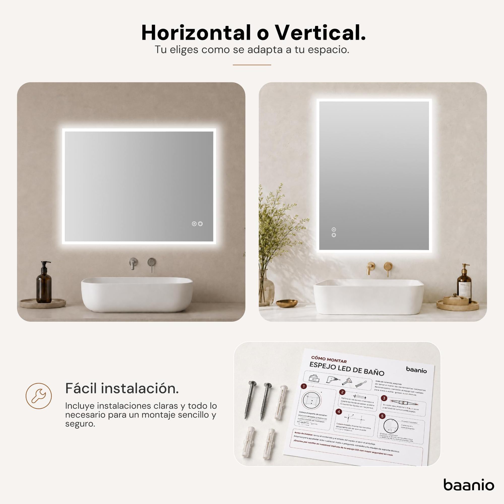 Neo – Espejo Baño LED Rectangular 80x100 cm con Antivaho – Luz Frontal y Retroiluminado, Luz Regulable 3 Tonos, Interruptor Táctil, Montaje Horizontal o Vertical