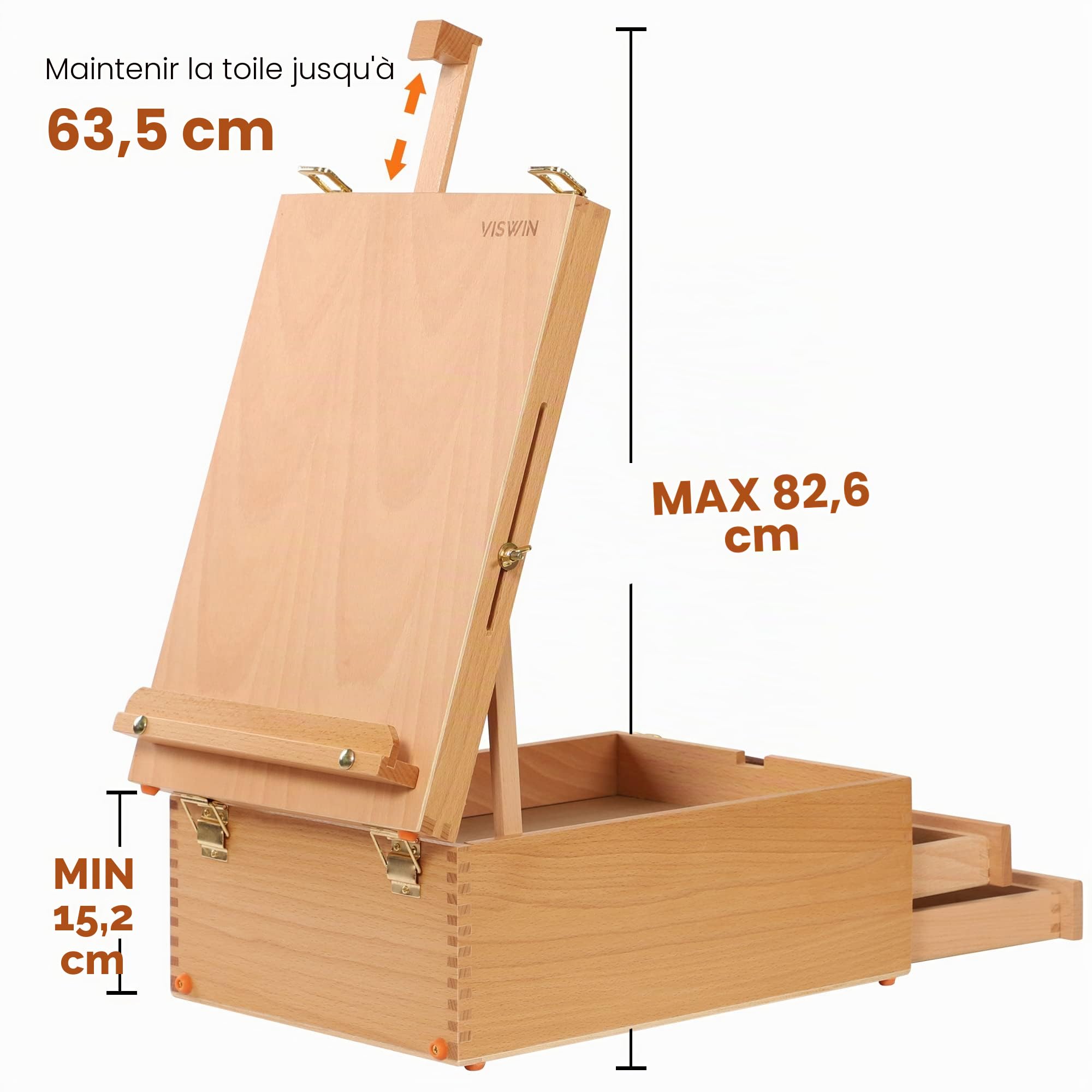 VISWIN Grande Boîte de Chevalet de Table Avec 3 Tiroirs, Boîte de Rangement Portable en Bois de Hêtre Pour Toile de Peinture, Fournitures d'Art, Adultes, débutants, Artistes