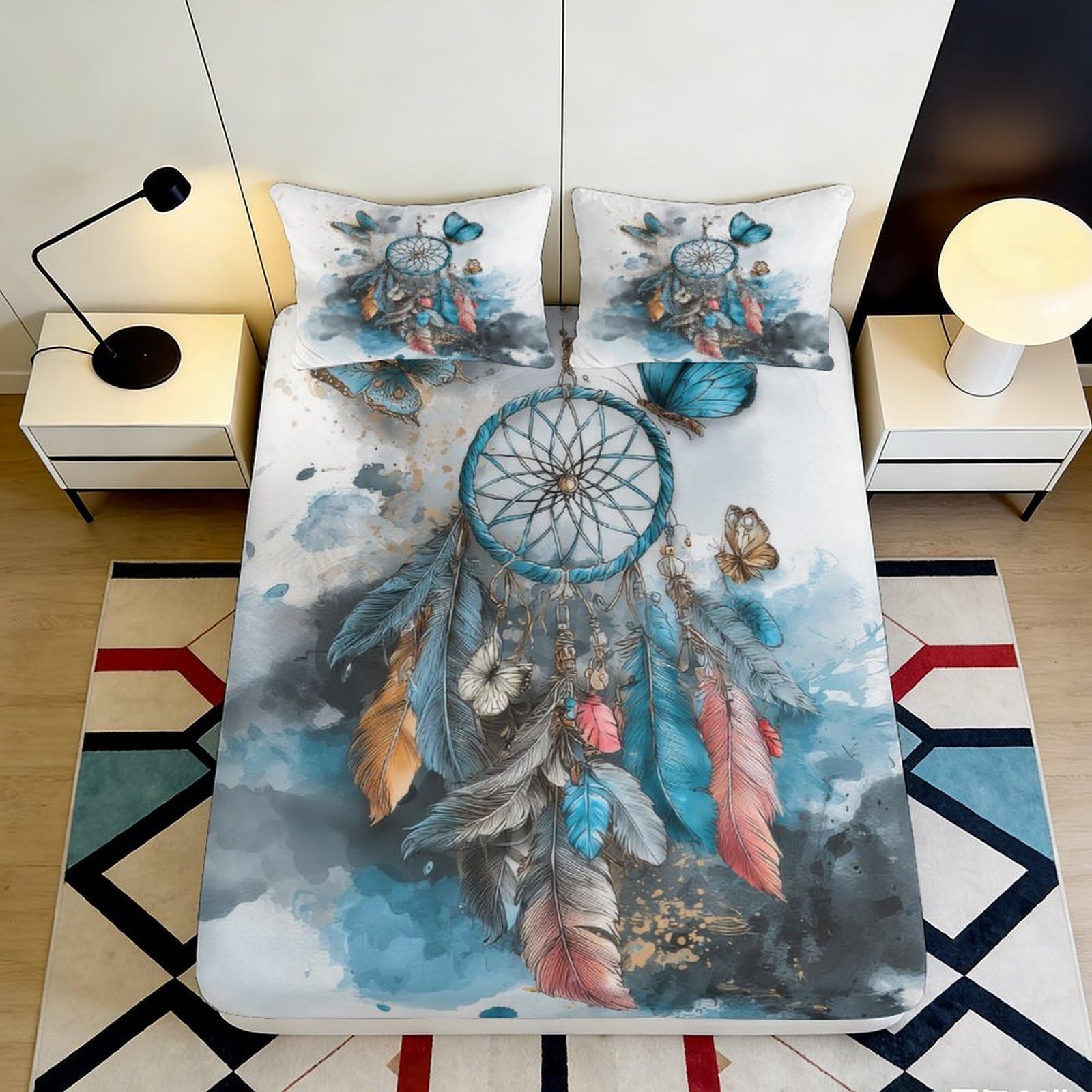 Pnayamiorkfel Style-4 3D Printed Dreamcatcher Butterfly Fitted Sheet Microfiber Soft Colourful Feathers Mattress Cover Bedroom Decor 90X200x25cm