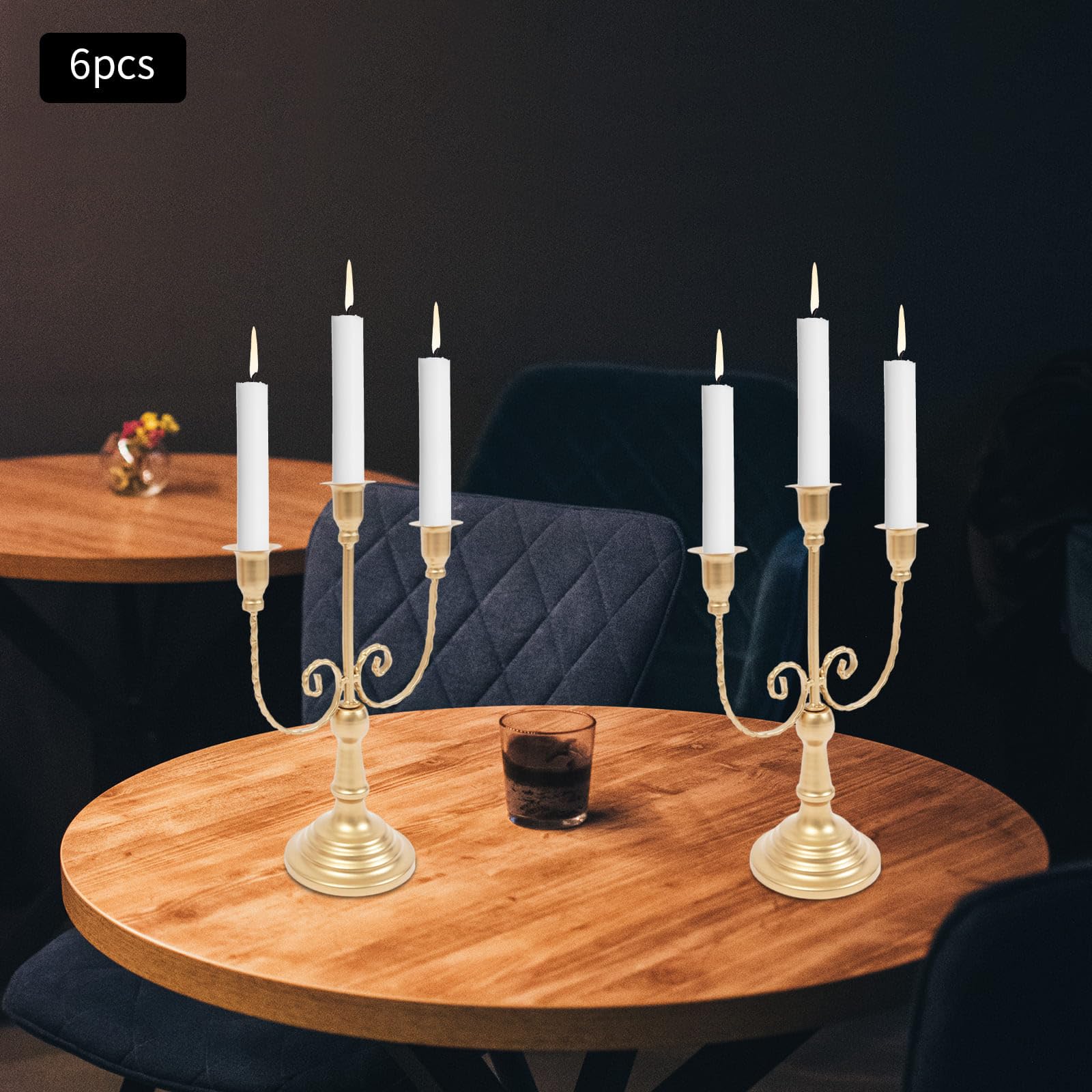 Set di 6 candelieri in metallo a 3 bracci, stile retrò, 20 x 30 cm, per candele da 2 cm, ideale per ristorante, soggiorno, hotel, matrimoni, cene, compleanni (oro)