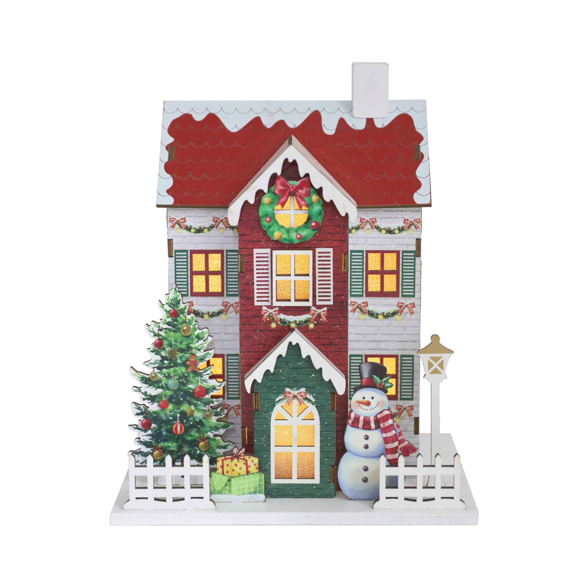 PE Maison de Noël Lumineuse Bois LED, 23.5cm Décoration Cheminée Ambiance, Fonctionne à Piles Figurine Village Hivernal, Cadeau de Noël (Piles Non Fournies).