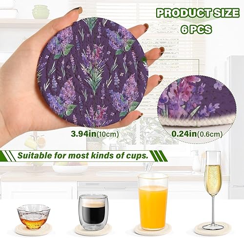Miniatura 3 de innewgogo Watercolor Lavender Flowers 6 Pcs Absorbent Drink Coasters for Tabletop Protection Handmade Round Woven Coaster with Holder & Heat Water