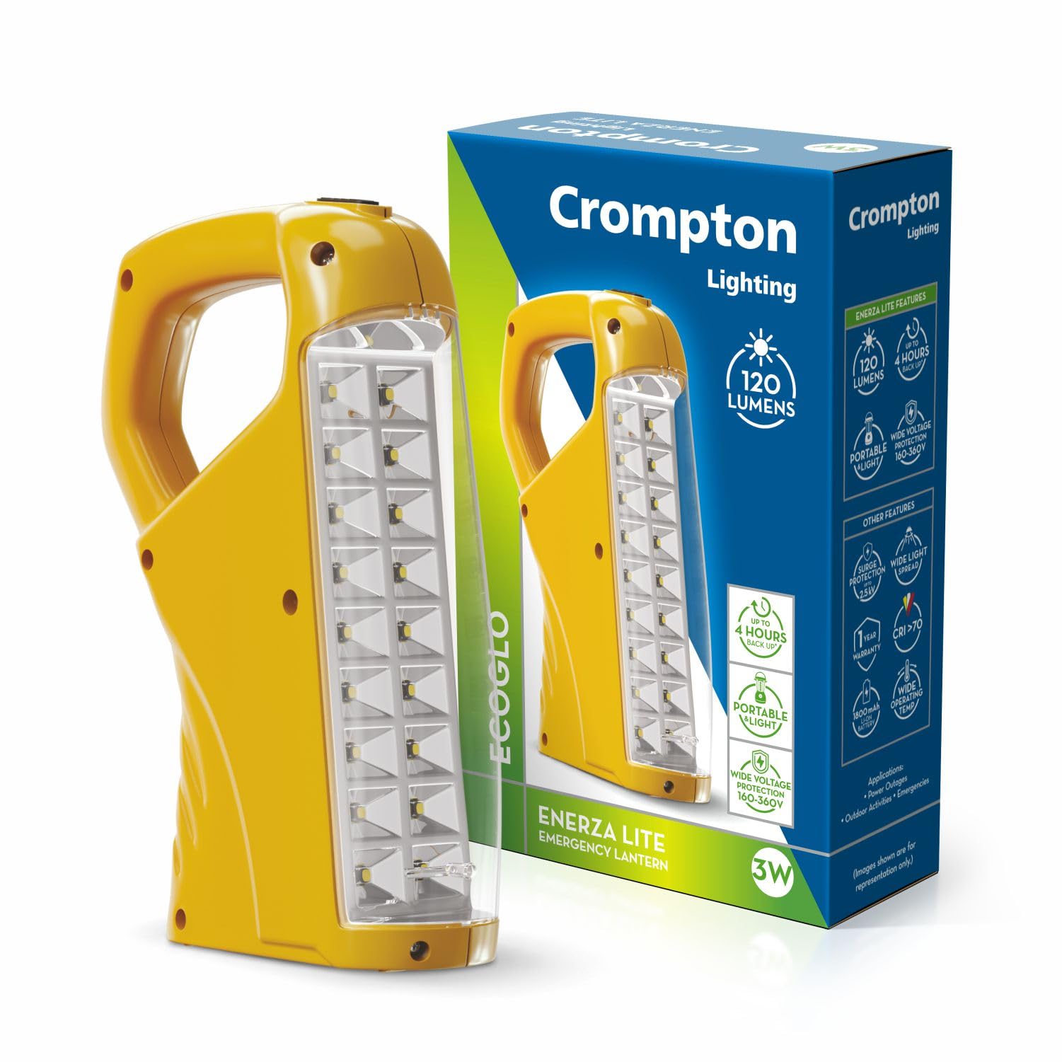 Crompton Enerza Lite 3W Portable Rechargeable Emergency Lantern for Home & Outdoor | 120 Lumens LED | 4 Hrs Backup | 1800mAh Li-Ion Battery | Wide Voltage 160-360V | 1 Yr Warranty | Pack of 1-image-5