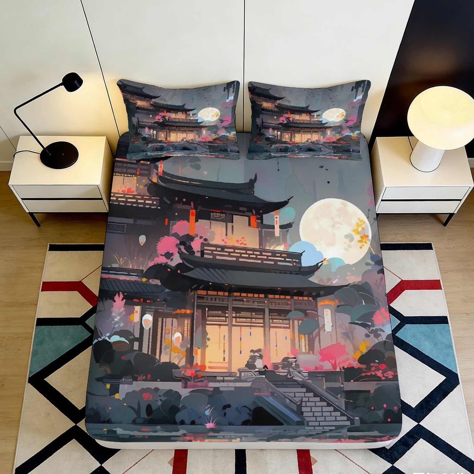 Uynsixtme Style-4 3D Printed Oriental Style Fitted Sheet Microfiber Deep Pocket Non-Slip Full Wrap For Bedroom Bedding Oriental Building Mattress Fitted Cover 200X200x25cm