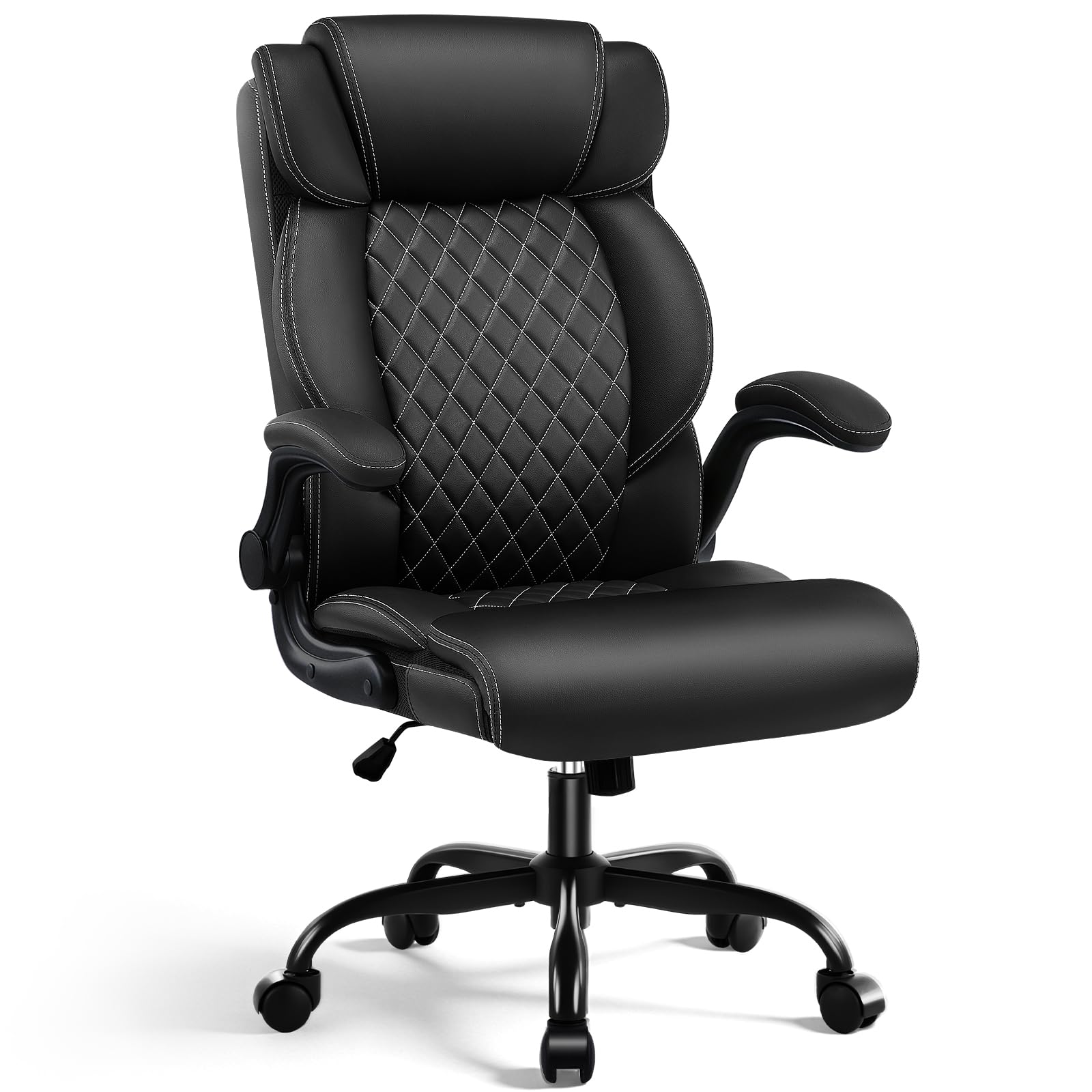 Chefsessel bis 200 kg, Bürostuhl Ergonomisch aus Kunstleder mit Verstellbaren Armlehnen und Rollen, Drehstuhl mit Hoher Rückenlehne – CompuetrStuhl für Büro und Homeoffice, Schwarz