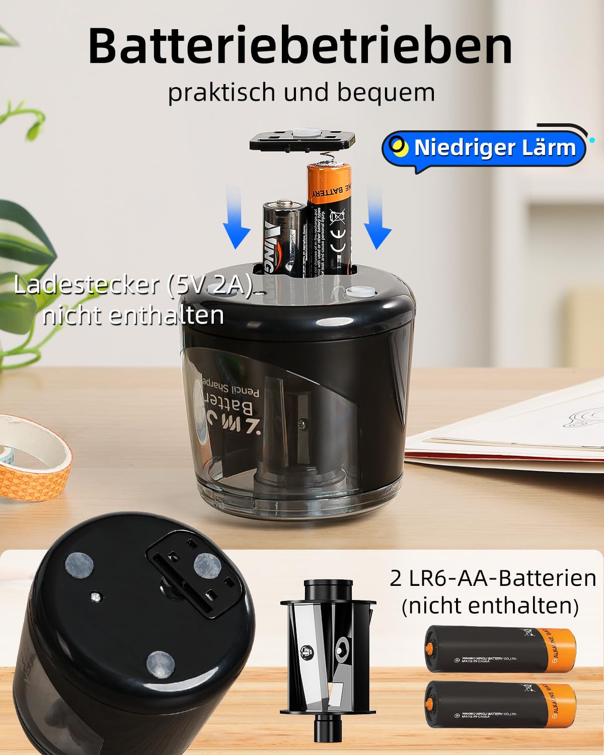 ZMOL Elektrischer Spitzer & Anspitzer, Bleistiftspitzer für Kinder, Batteriebetrieben für Buntstifte und Bleistifte (6-8mm), für Schule, Büro, Haushalt und Klassenzimmer, Kinderfreundlich – Schwarz