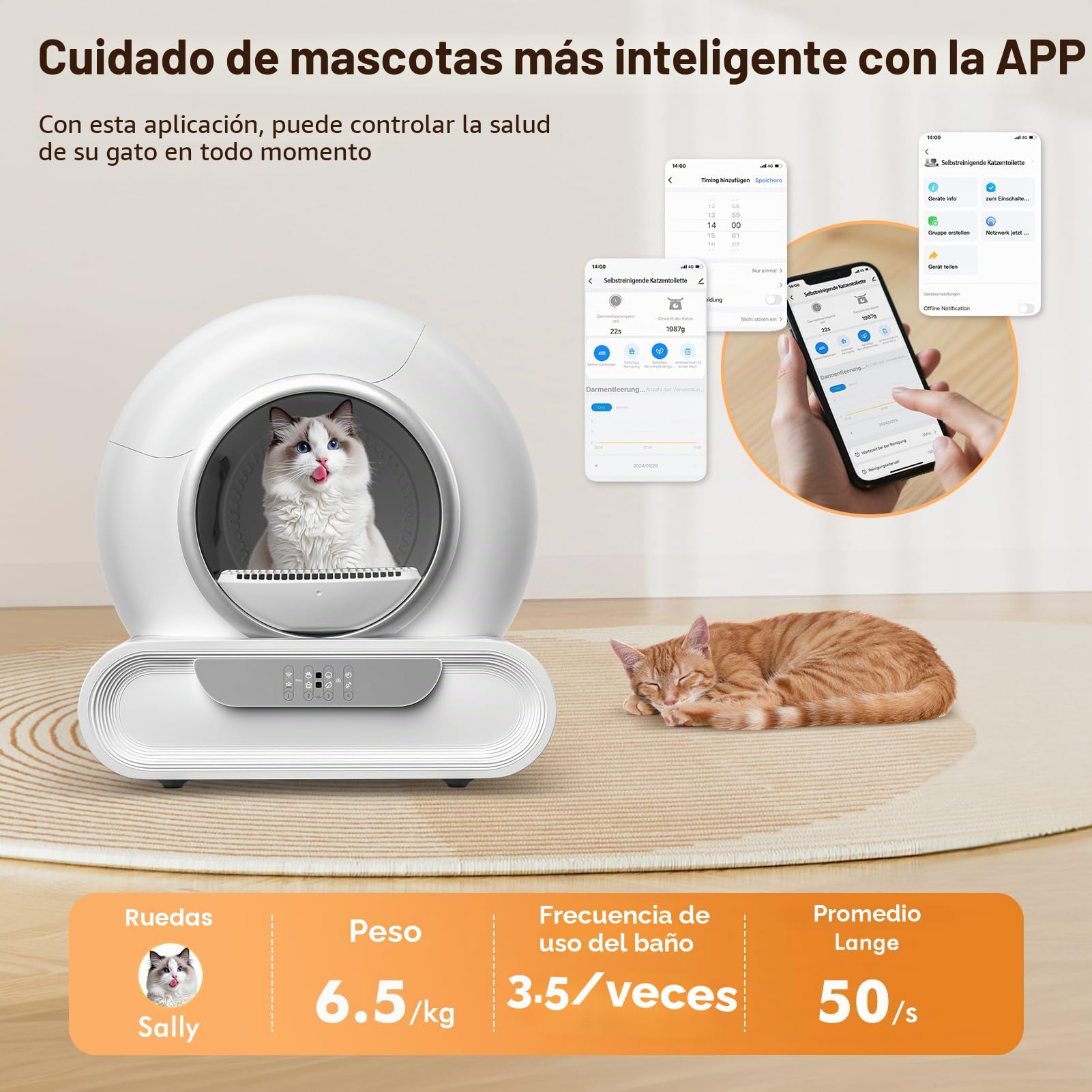 Arenero Gatos Autolimpiable, 65L Grande, Arenero Autolimpiable para Gatos eléctrica, Caja de Control de Arena extraíble, Control de Olor/aplicación, Entrada Baja, Seguro sin olores, para Varios Gatos